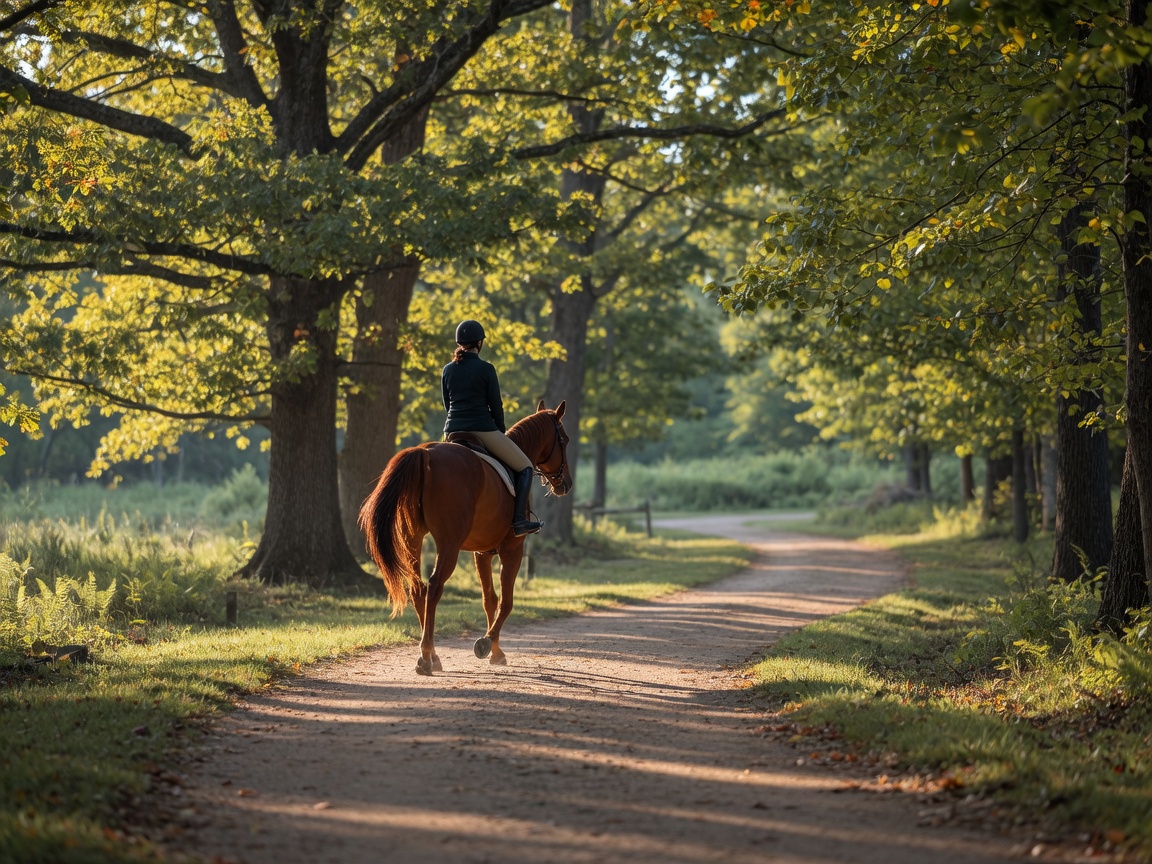 A horseback rider on a shaded woodland trail in Virginia with dappled sunlight filtering through mature trees