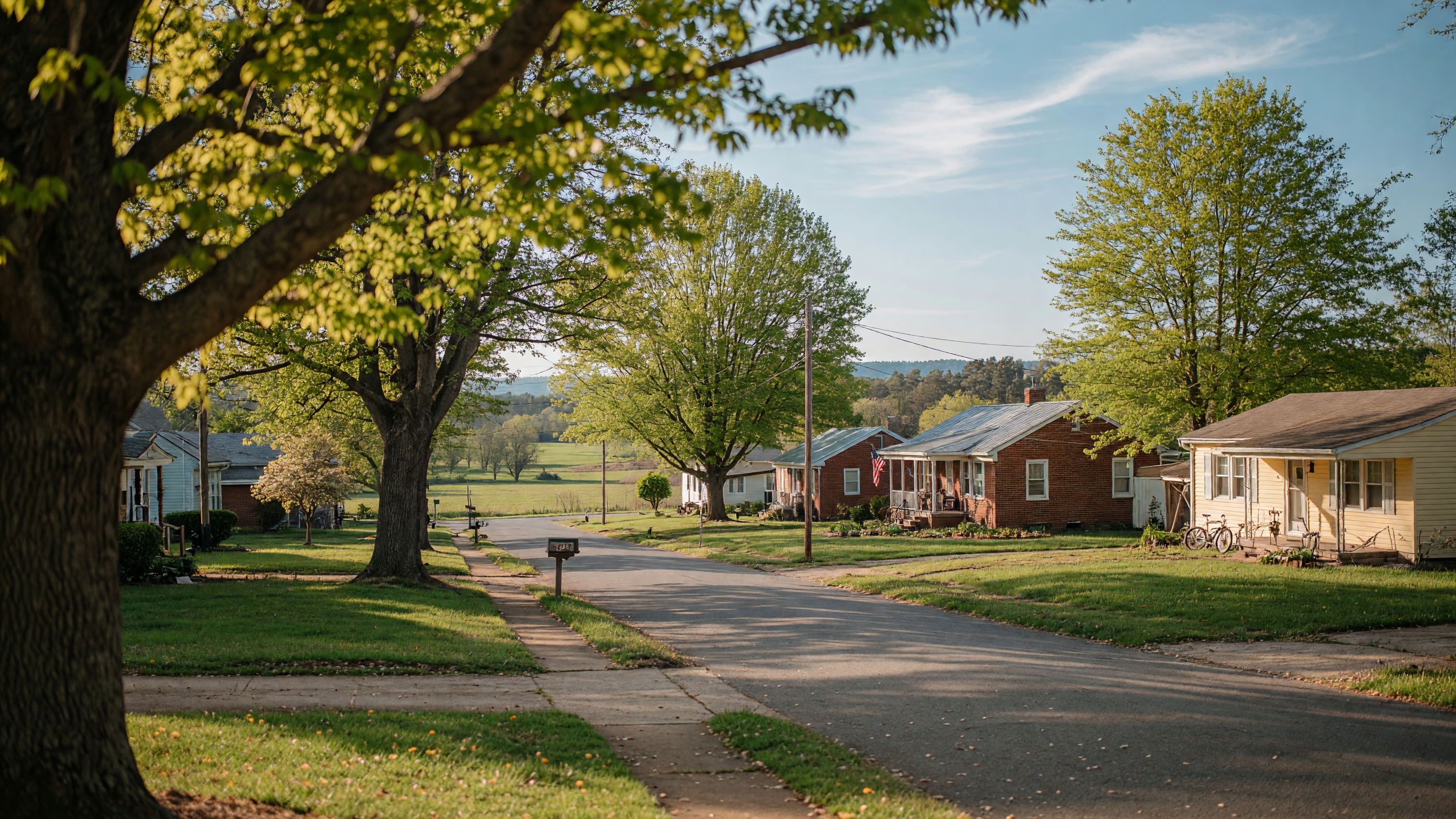 Scenic tree-lined residential street in New Kent County with mature hardwoods and green lawns