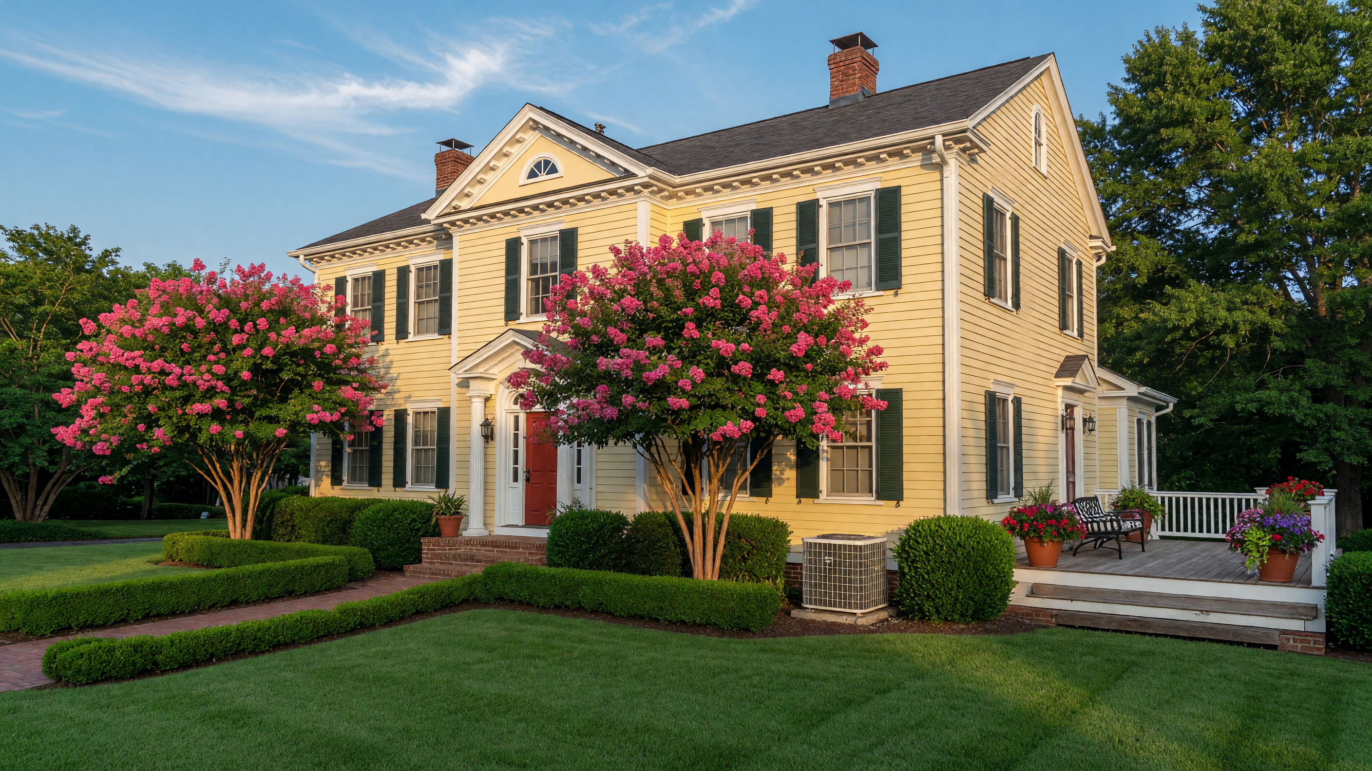 A well-maintained Virginia home on a bright summer morning with manicured lawn, clean gutters, and a fresh-looking wooden deck