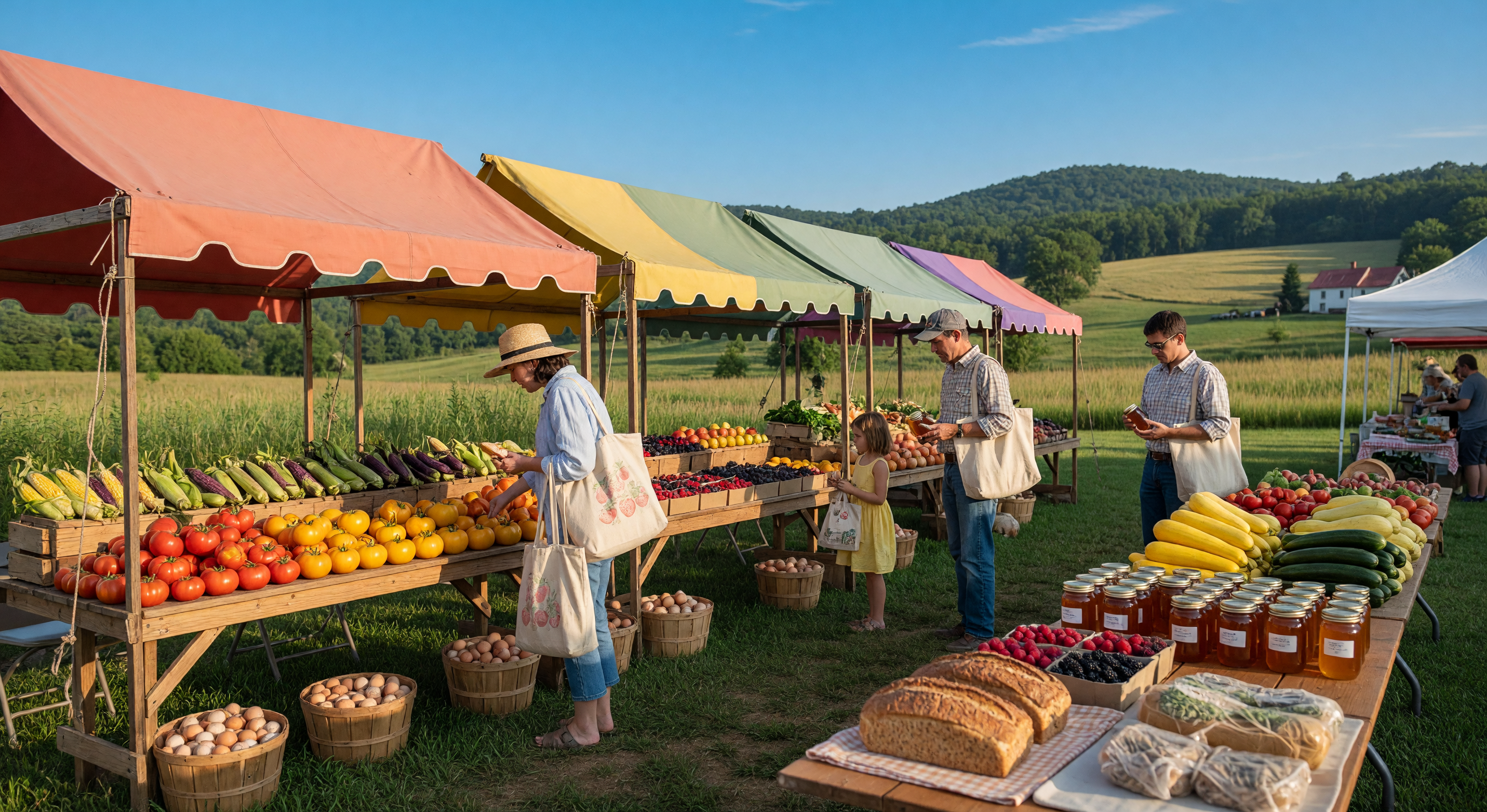 Outdoor farmers market on a sunny morning with colorful produce and local vendor tents