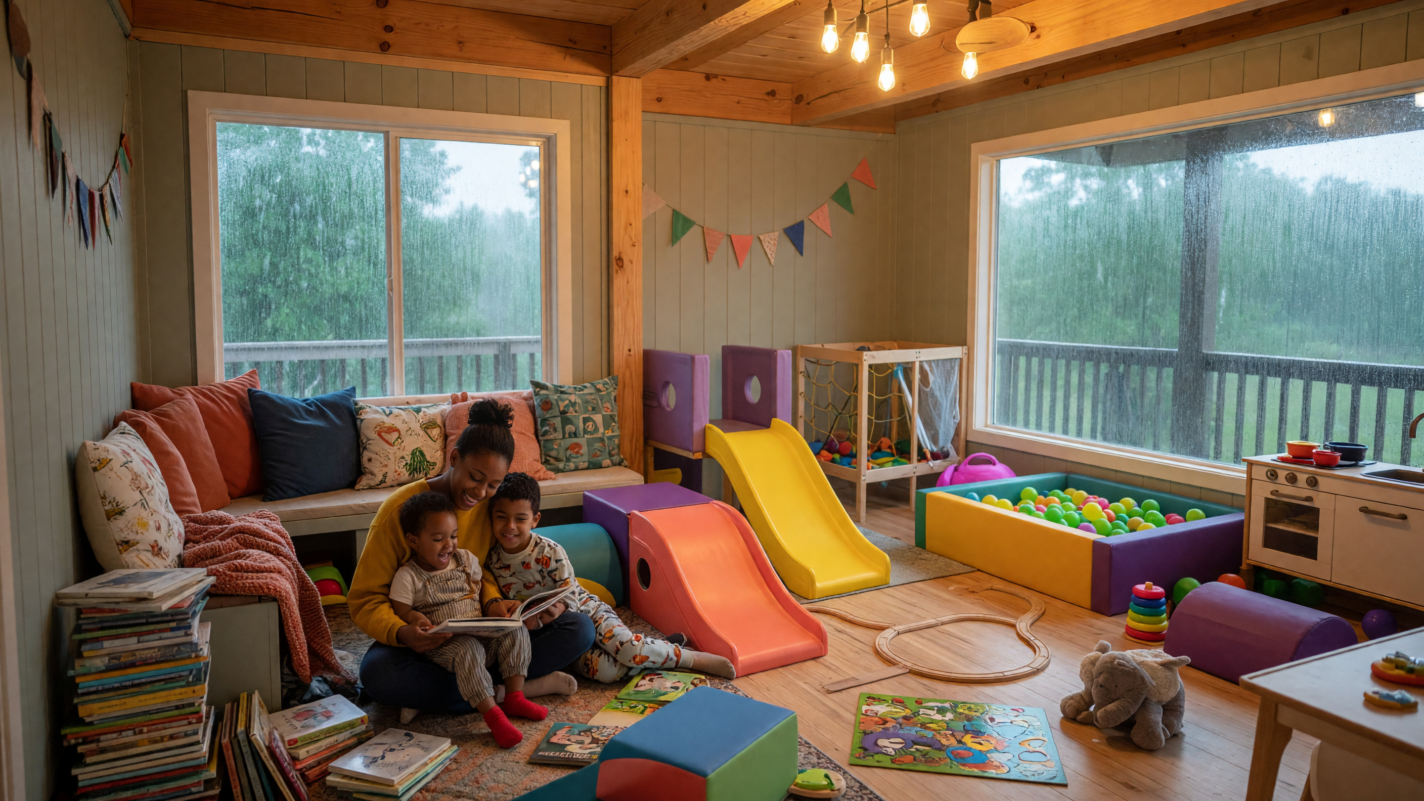 A bright, cozy indoor play space with warm lighting and rain visible on the windows — a comfortable rainy-day family outing