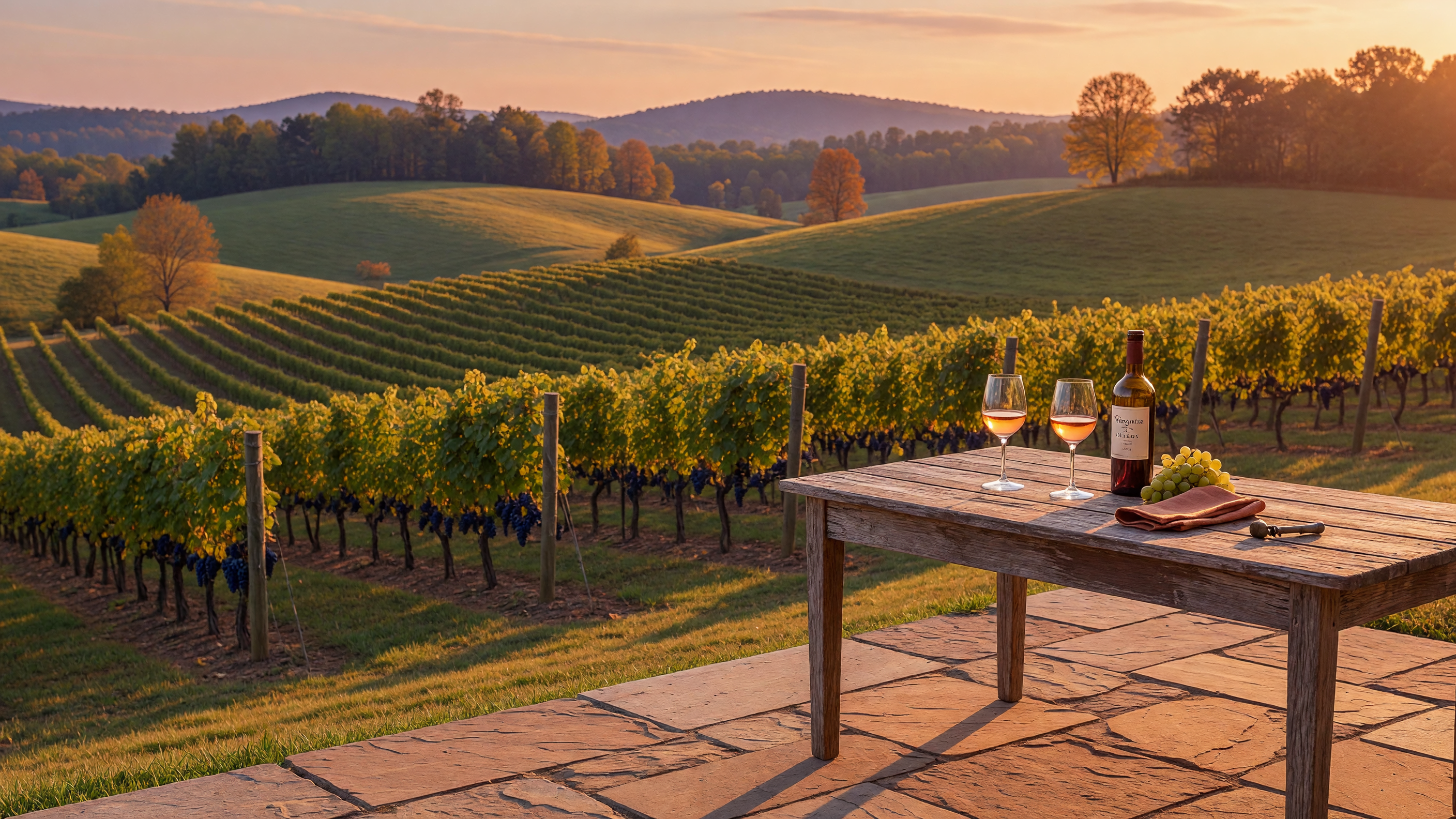Virginia vineyard terrace at golden hour with rolling green hills and wine glasses on a rustic wooden table