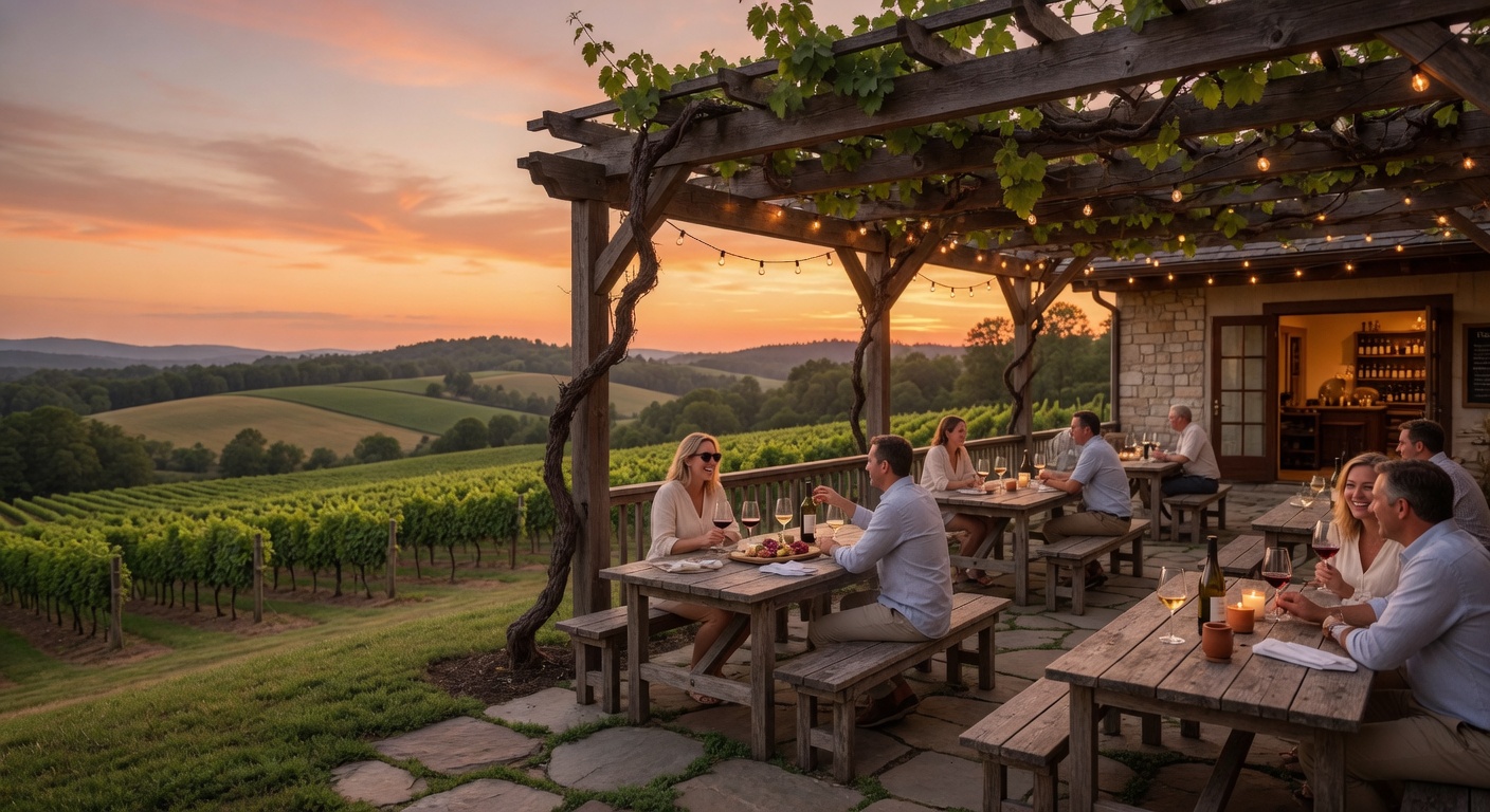 Virginia winery tasting patio with vineyard views at golden hour
