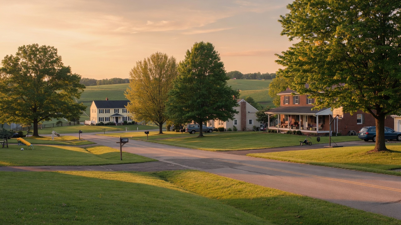 Tree-lined residential street in Quinton, Virginia with mature hardwoods and green lawns at golden hour