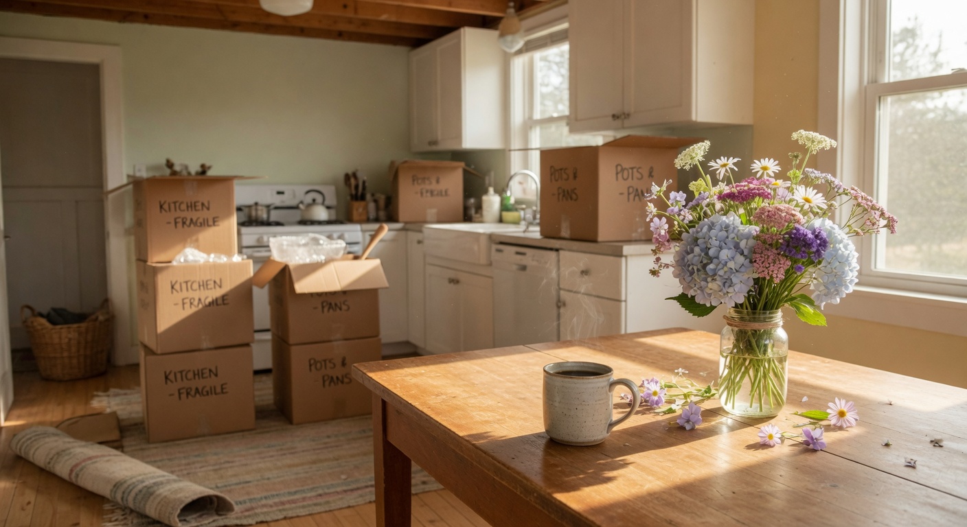 Pleasant home interior and moving boxes on a wooden dining table