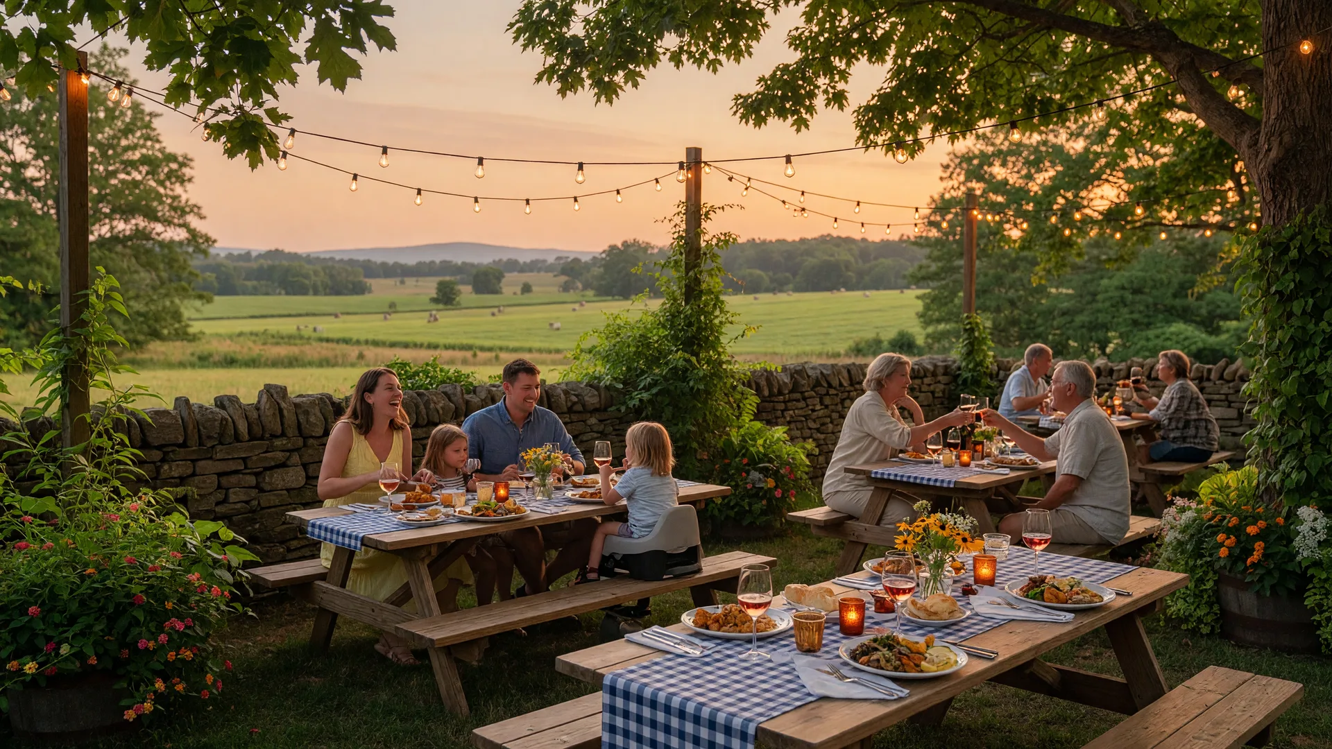 Warm outdoor dining patio in Virginia countryside with string lights, wooden tables, and green summer landscape