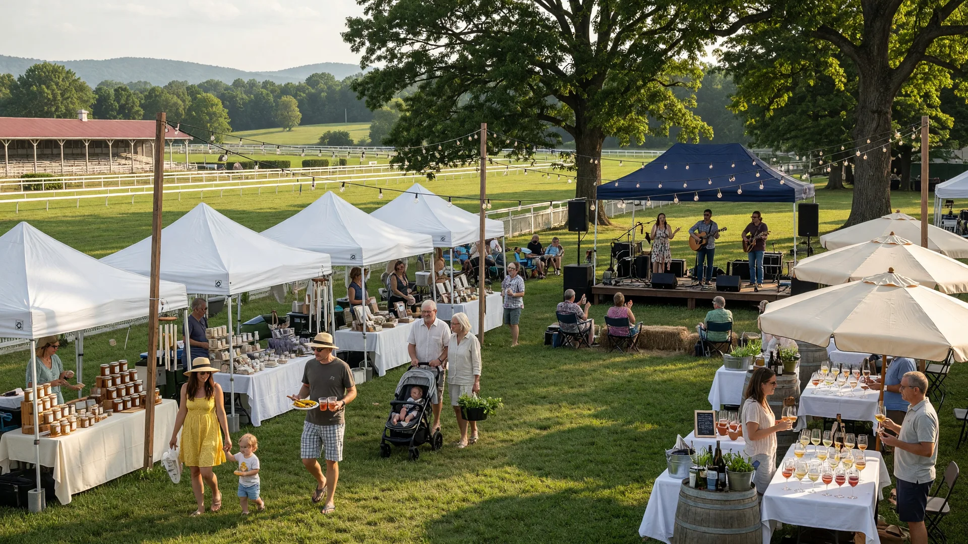 Summer festival scene in Virginia countryside with white tents, families, and live music under oak trees and string lights