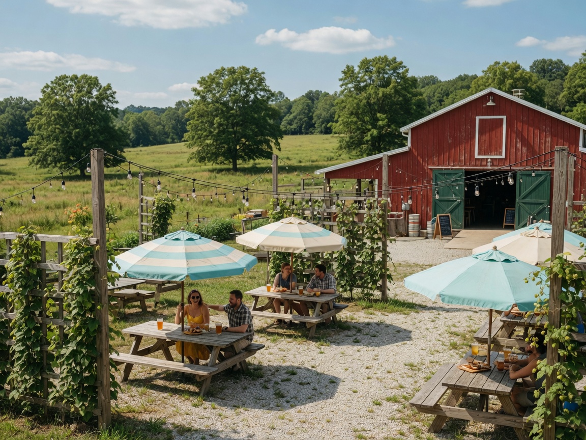 Outdoor beer garden at Center of the Universe Brewing with picnic tables, hop vines, string lights, and a sunny Virginia afternoon