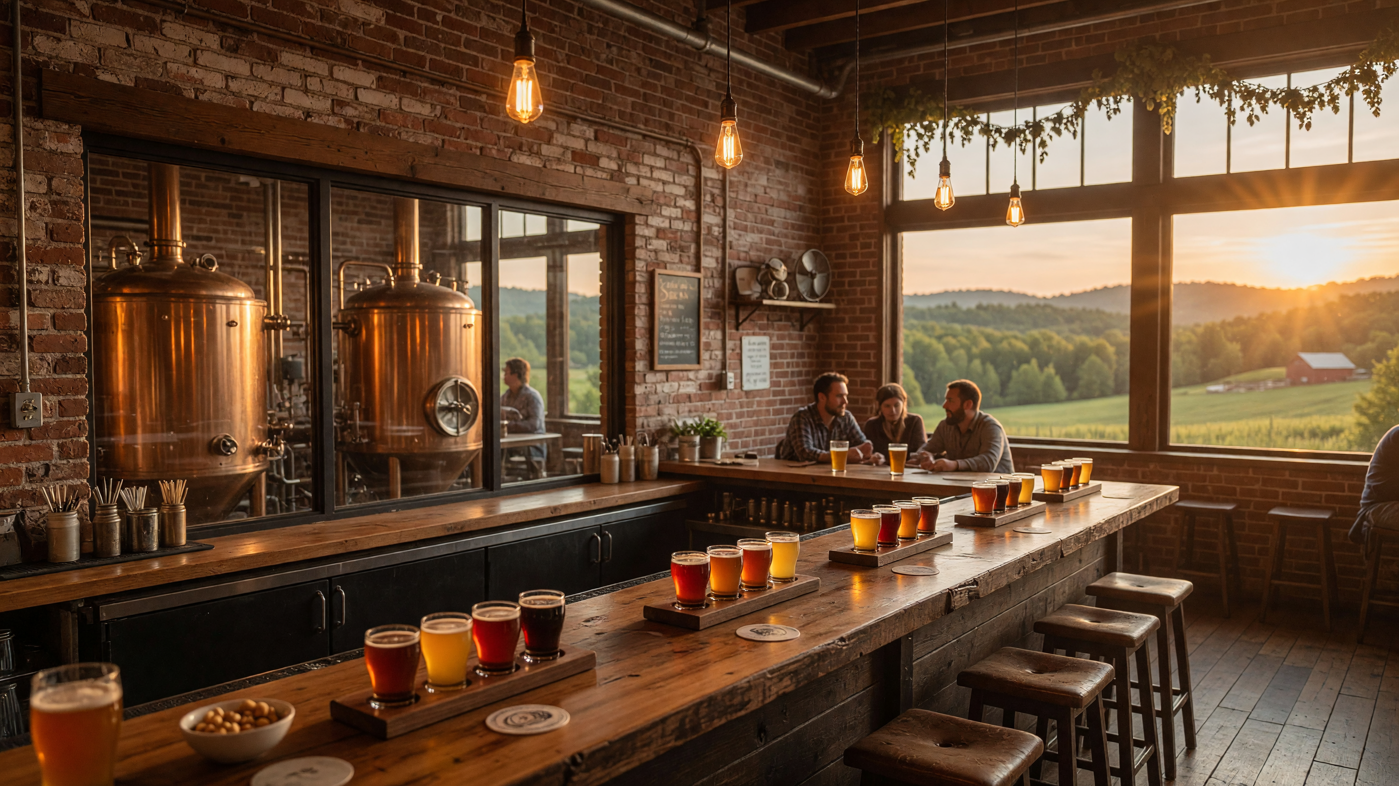 Craft brewery taproom interior with copper brewing tanks, warm Edison bulb lighting, and a wooden bar with beer flights