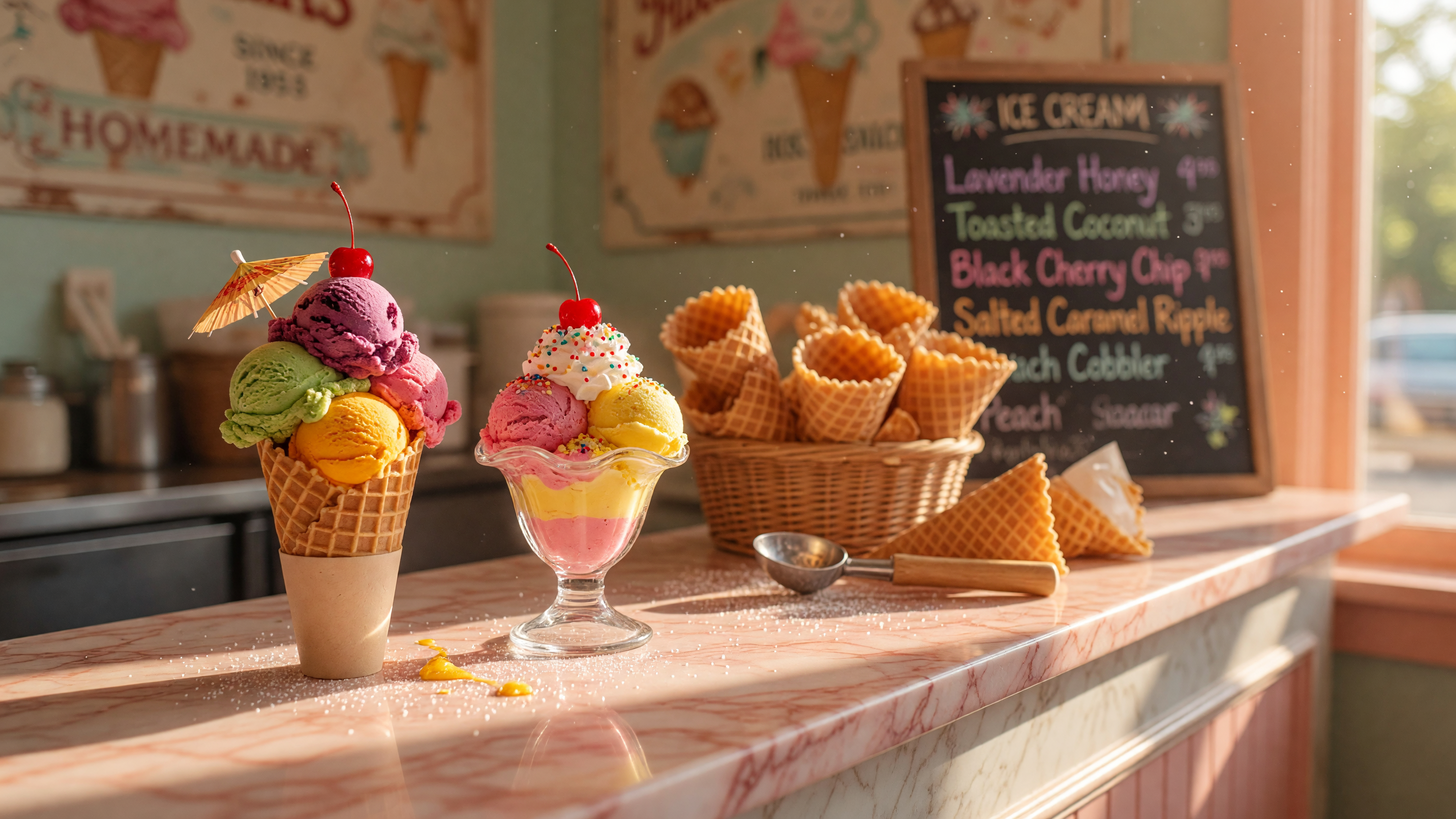 Colorful scoops of artisan ice cream in waffle cones and sundae glasses on a vintage-style ice cream parlor counter with warm summer light