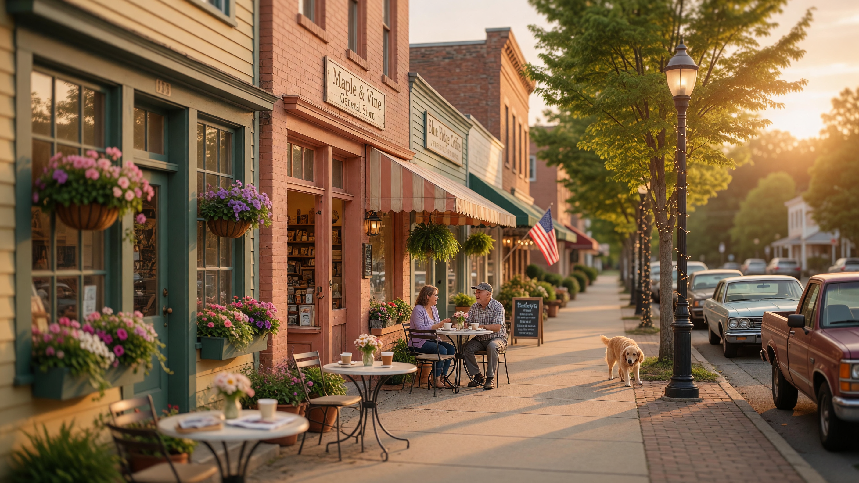 Charming small-town storefronts along a tree-lined Virginia street at golden hour