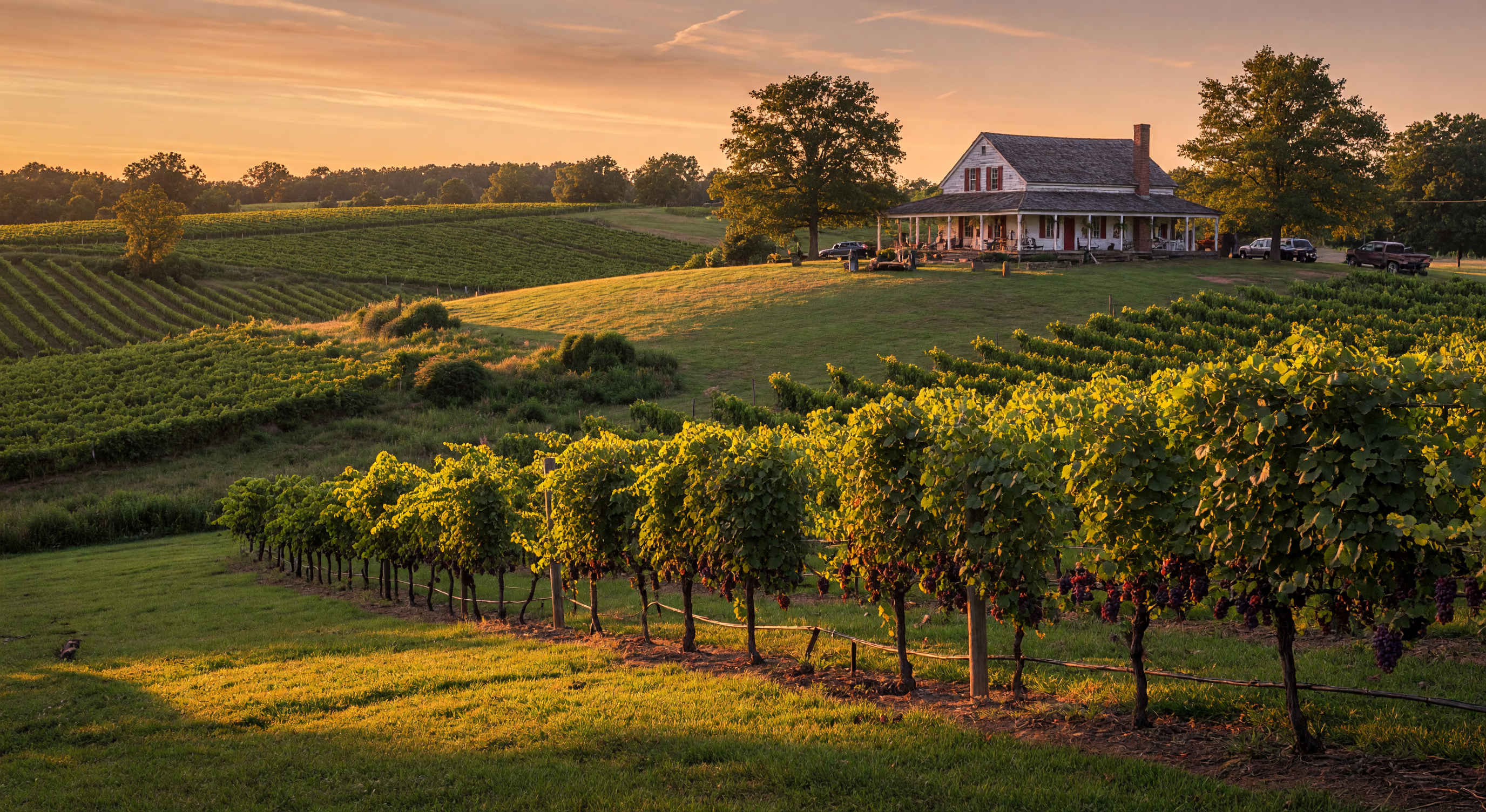Virginia vineyard at golden hour with rolling hills