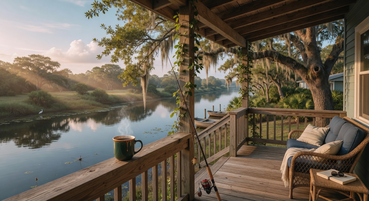 Covered porch overlooking a canal in Lake Wales, Florida