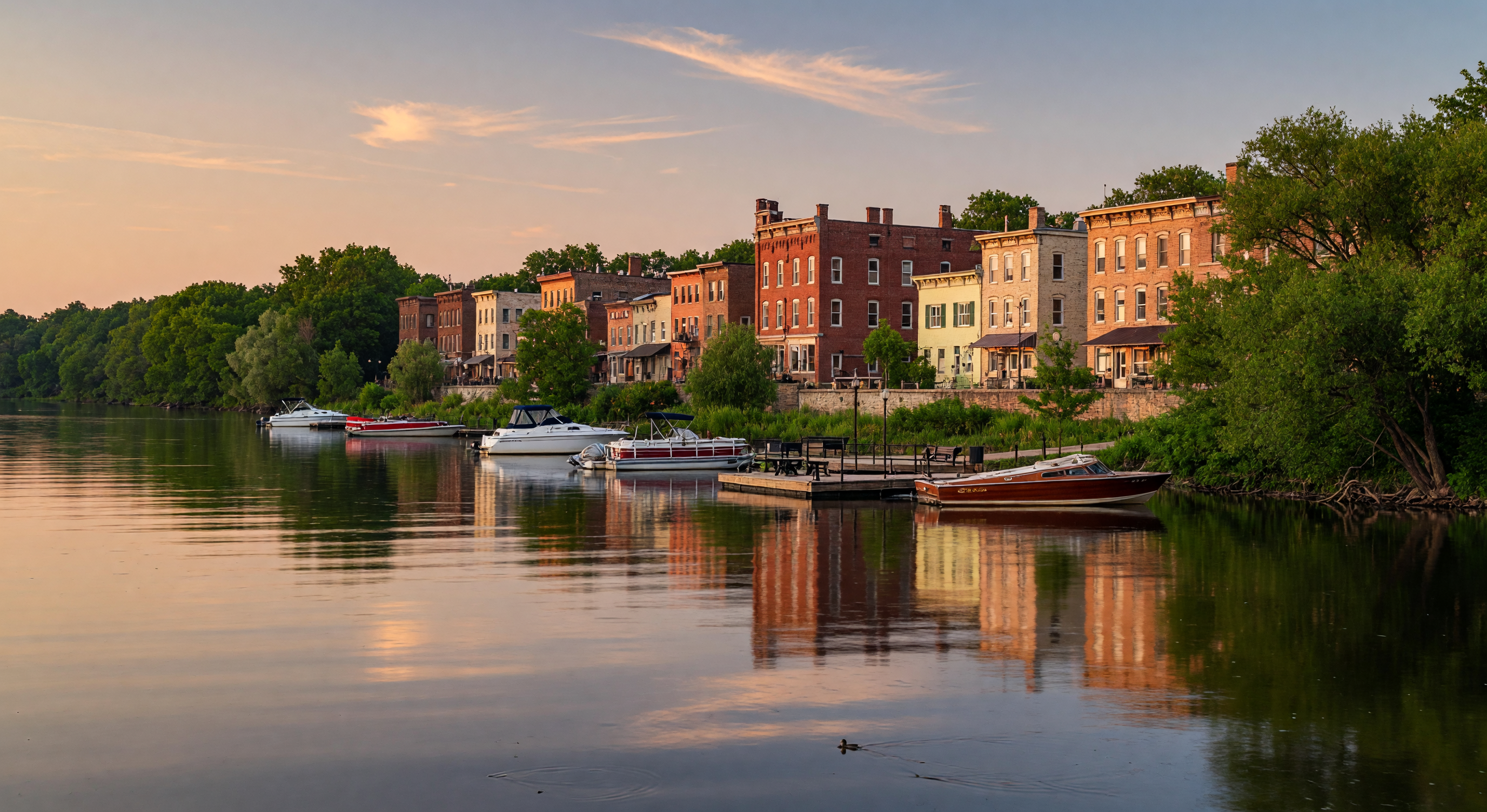 Scenic view of the Hudson, Wisconsin waterfront from across the St. Croix River at golden hour