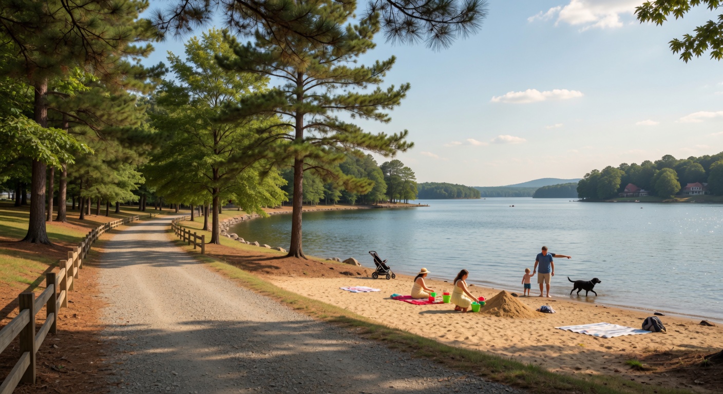 A peaceful walking trail along Lake Norman with mature trees and calm water