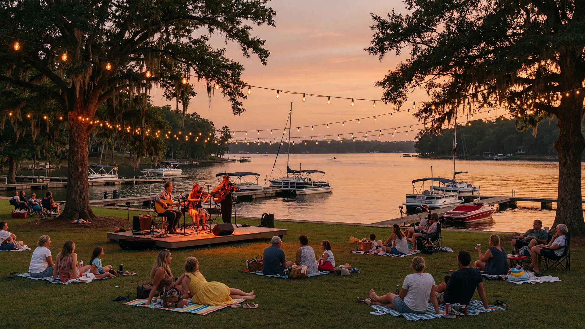 Evening concert scene on the Lake Norman waterfront with string lights, musicians on stage, and people on blankets