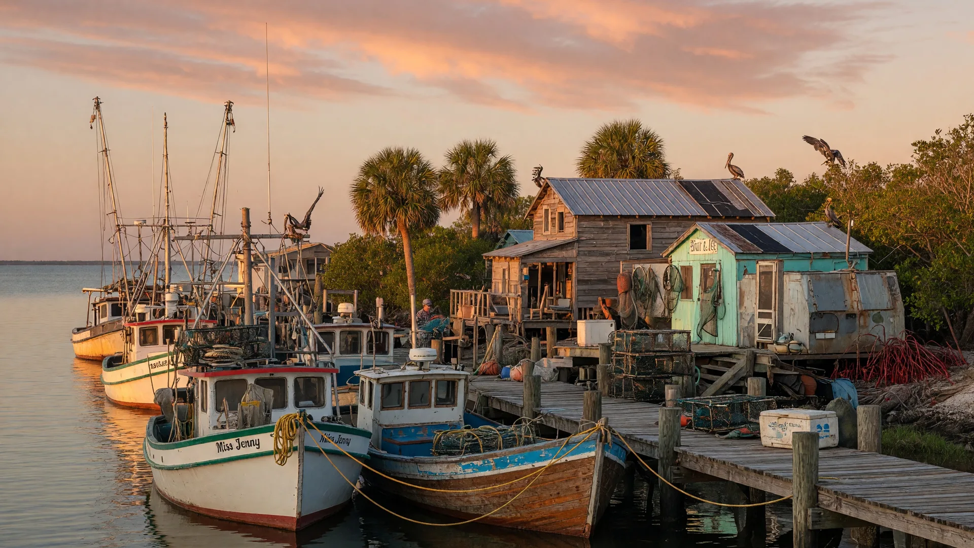 Working fishing boats docked at the Cortez waterfront on Sarasota Bay, Florida's historic fishing village