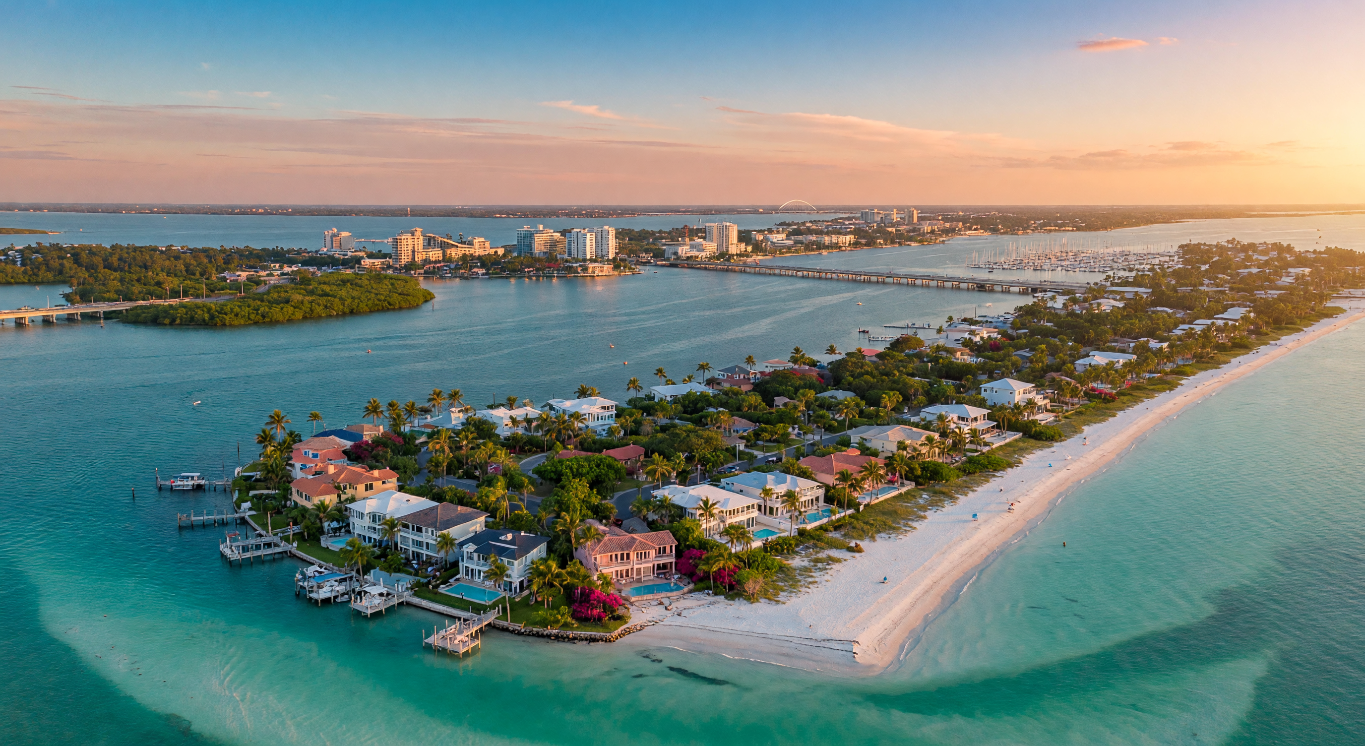 Sarasota, Florida coastline and waterfront homes along the Gulf of Mexico