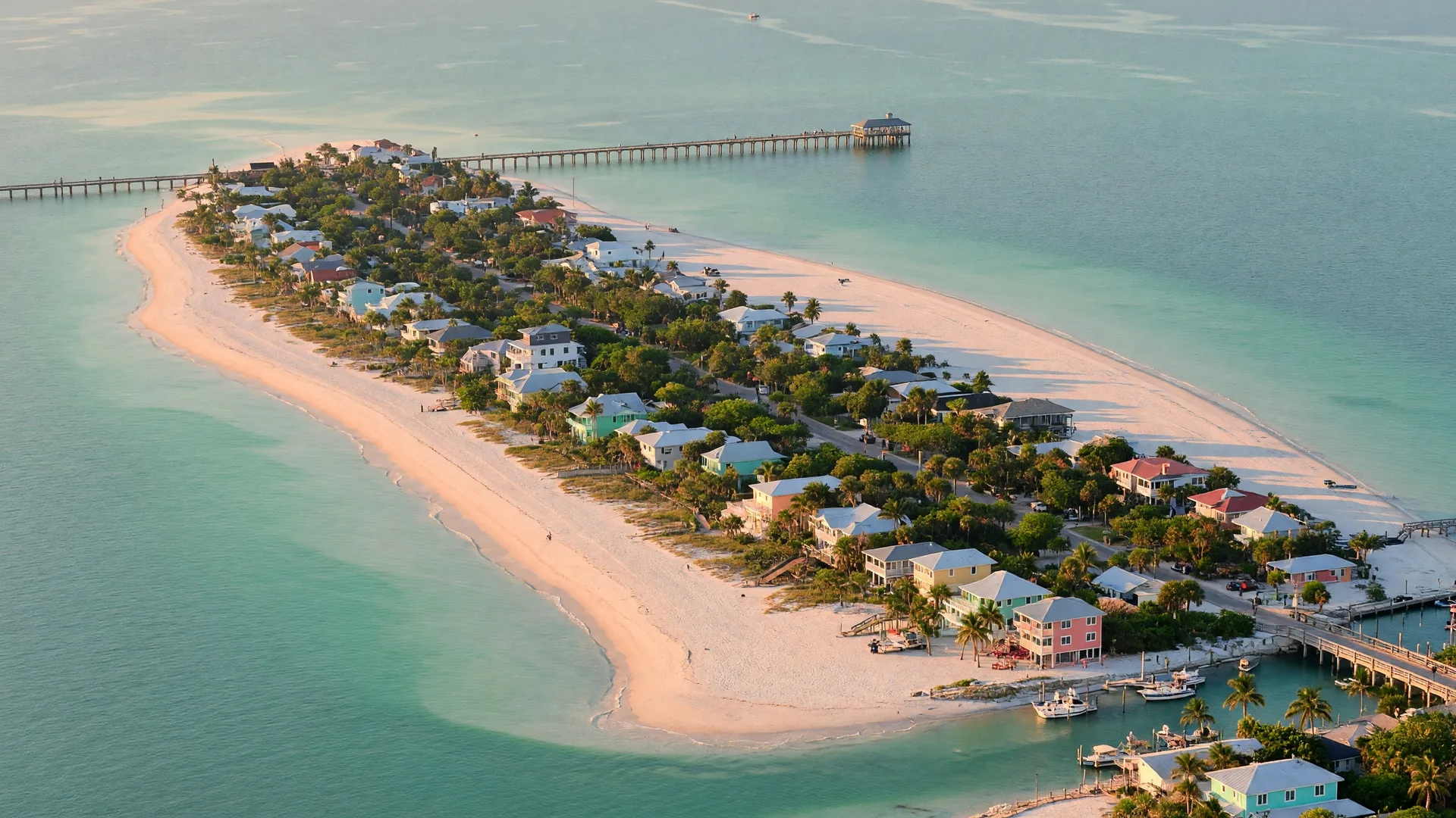 Aerial view of Anna Maria Island, Florida — a seven-mile barrier island with pristine Gulf beaches, turquoise water, and charming low-rise beach cottages