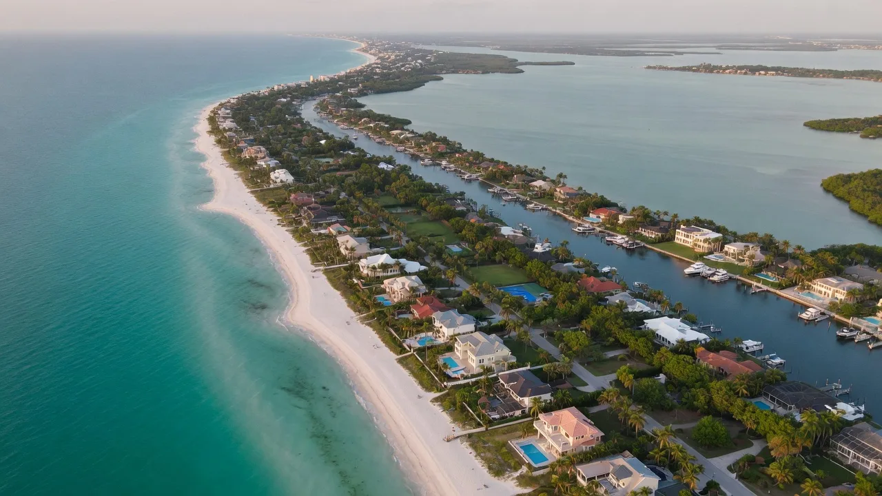 Aerial view of Longboat Key barrier island with luxury waterfront homes and Gulf beaches