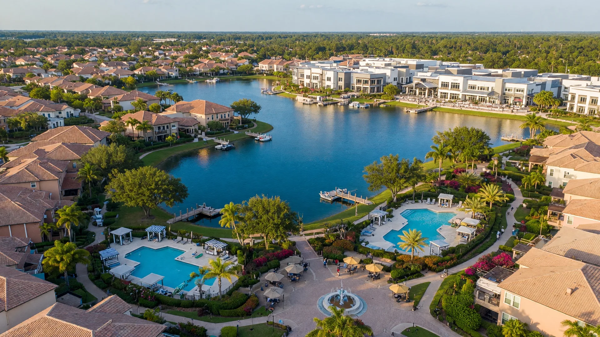 Aerial view of Waterside community in Lakewood Ranch Florida — lakes, homes, and Town Center