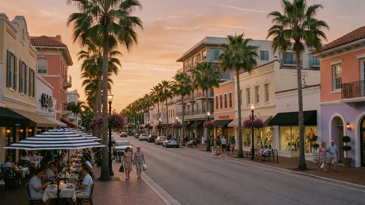 Downtown Sarasota Main Street with outdoor dining, shops, and palm trees