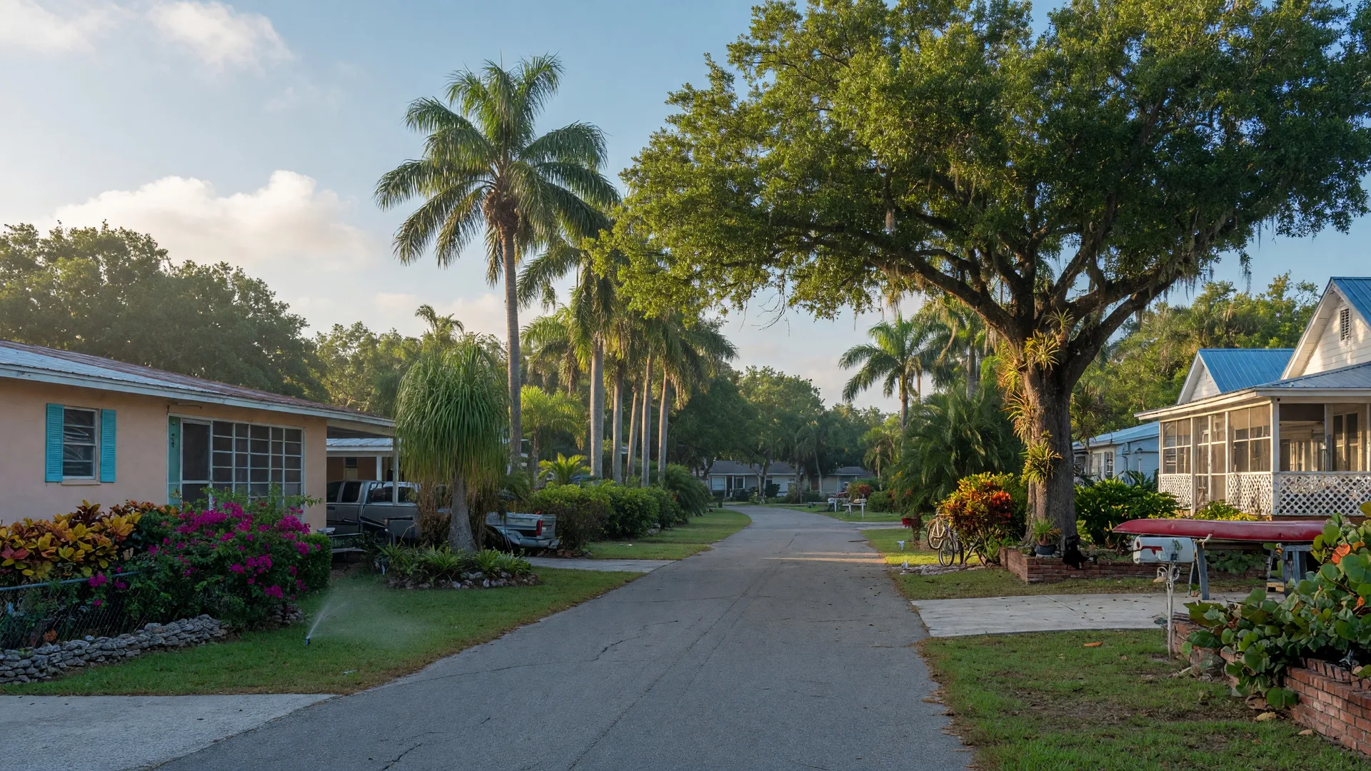 Quiet residential street in Nokomis, Florida with mature trees and Old Florida coastal character