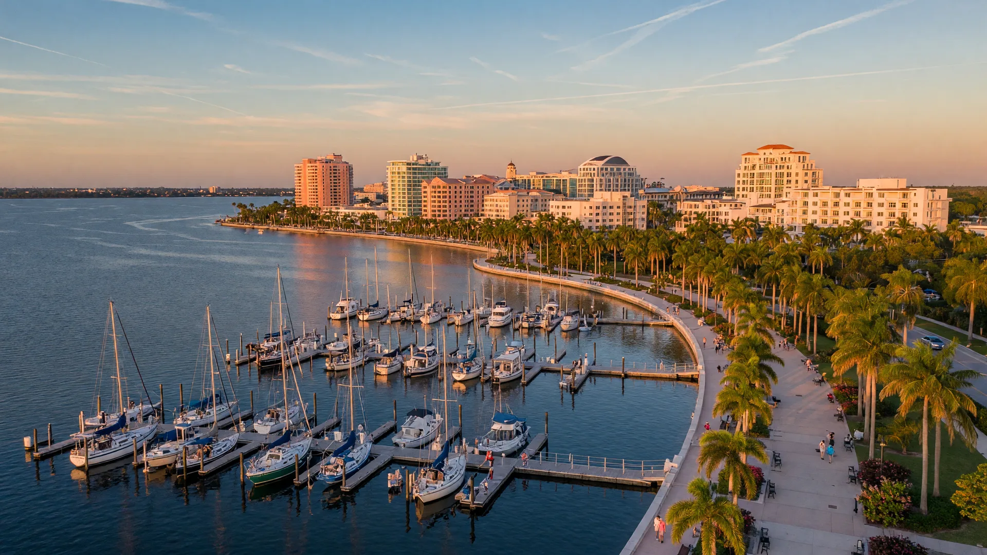 Sarasota Bay waterfront with downtown skyline and sailboats