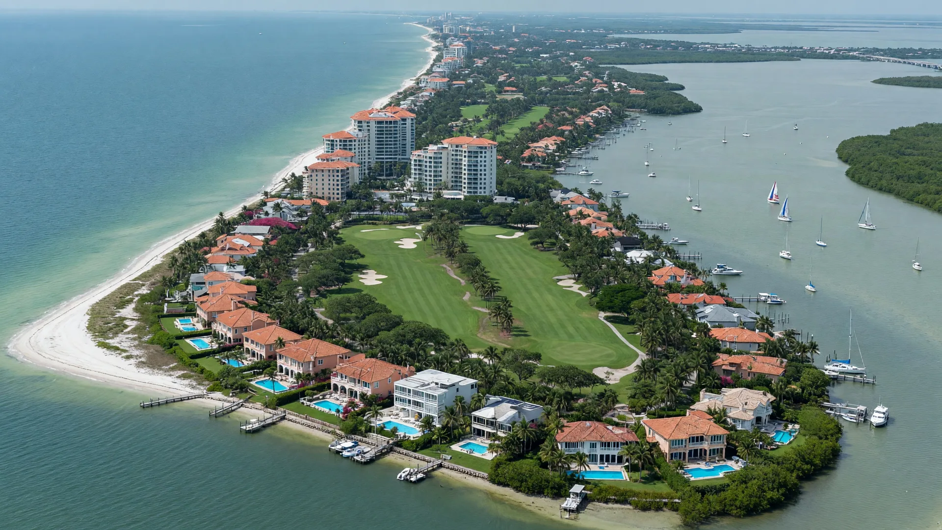 Aerial view of Longboat Key, a barrier island stretching between the Gulf of Mexico and Sarasota Bay with waterfront estates, golf courses, and luxury condominiums