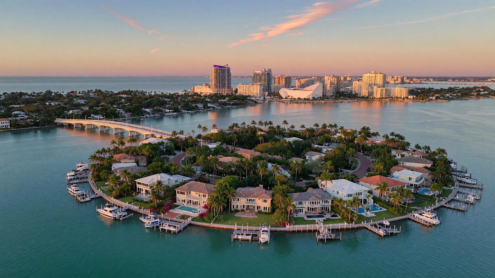 Aerial view of Bird Key Sarasota Florida — private residential island with luxury waterfront estates, deep-water canals, and Sarasota Bay
