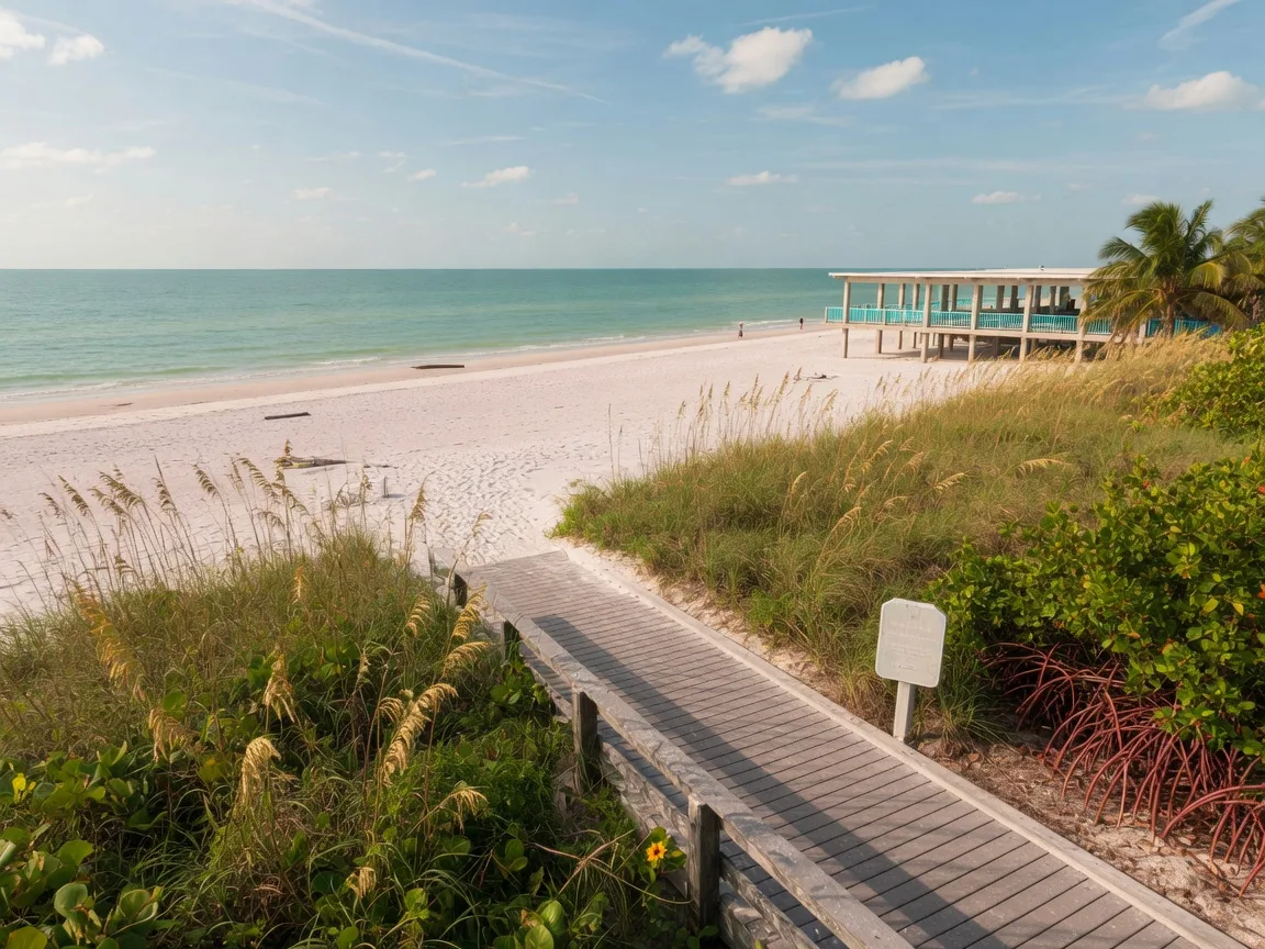 Lido Beach access with white sand, turquoise Gulf water, and coastal scenery on Lido Key