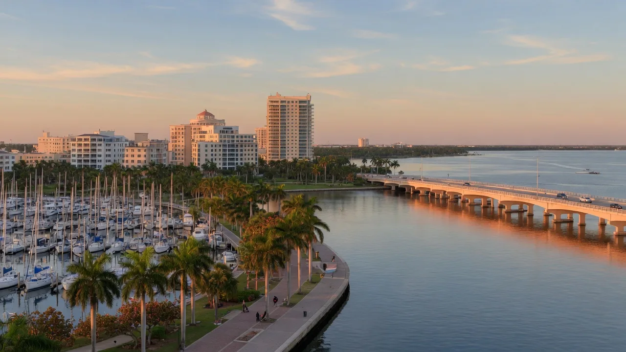 Sarasota Bayfront Park and Marina Jack with sailboats and waterfront walking paths