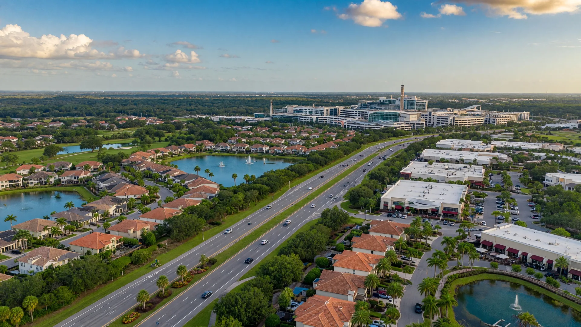 Aerial view of the University Parkway corridor in Sarasota, Florida, showing newer residential communities, retail centers, and University Town Center