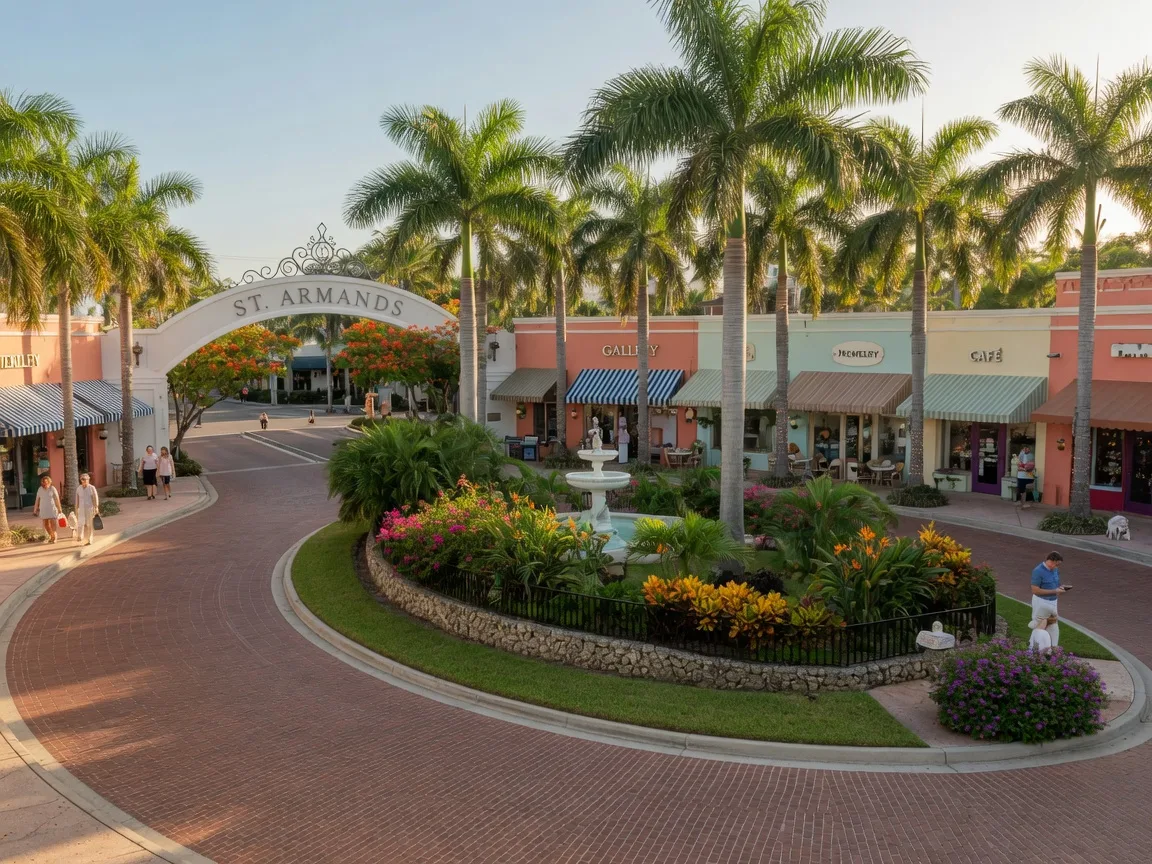 St. Armands Circle entrance sign with brick streets, boutique shops, and palm-lined sidewalks