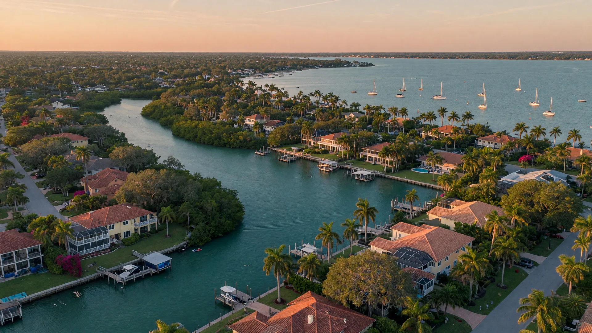 Aerial view of Osprey, Florida waterfront community along the Intracoastal Waterway with homes, docks, and Osprey Bay in the distance
