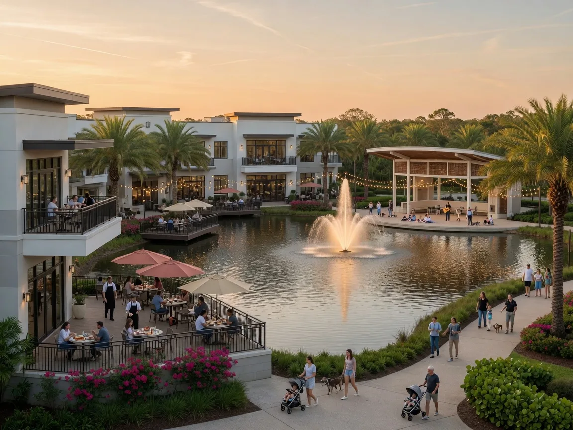 Waterside Place at Lakewood Ranch with waterfront dining, walking paths, and community gathering spaces