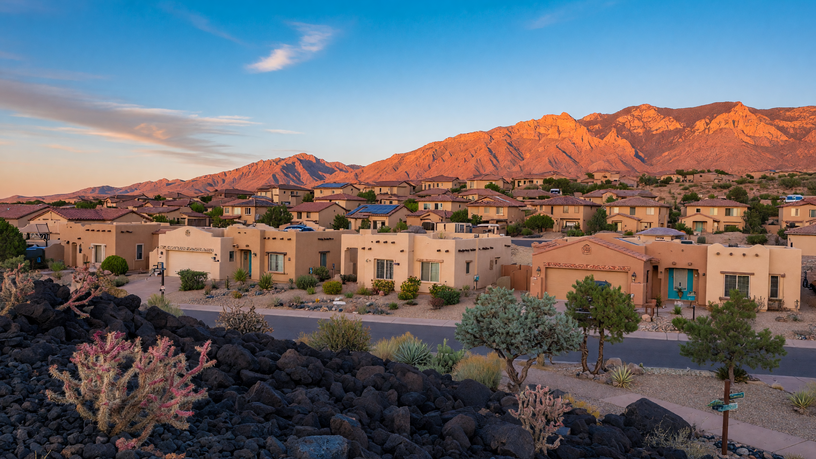 Scenic view of Westside Albuquerque with newer suburban homes, Petroglyph National Monument lava rocks, and Sandia Mountains at golden hour