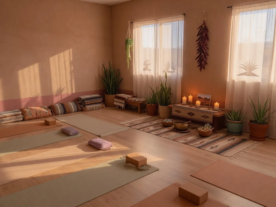 Warm and inviting yoga studio interior in Albuquerque's Northeast Heights