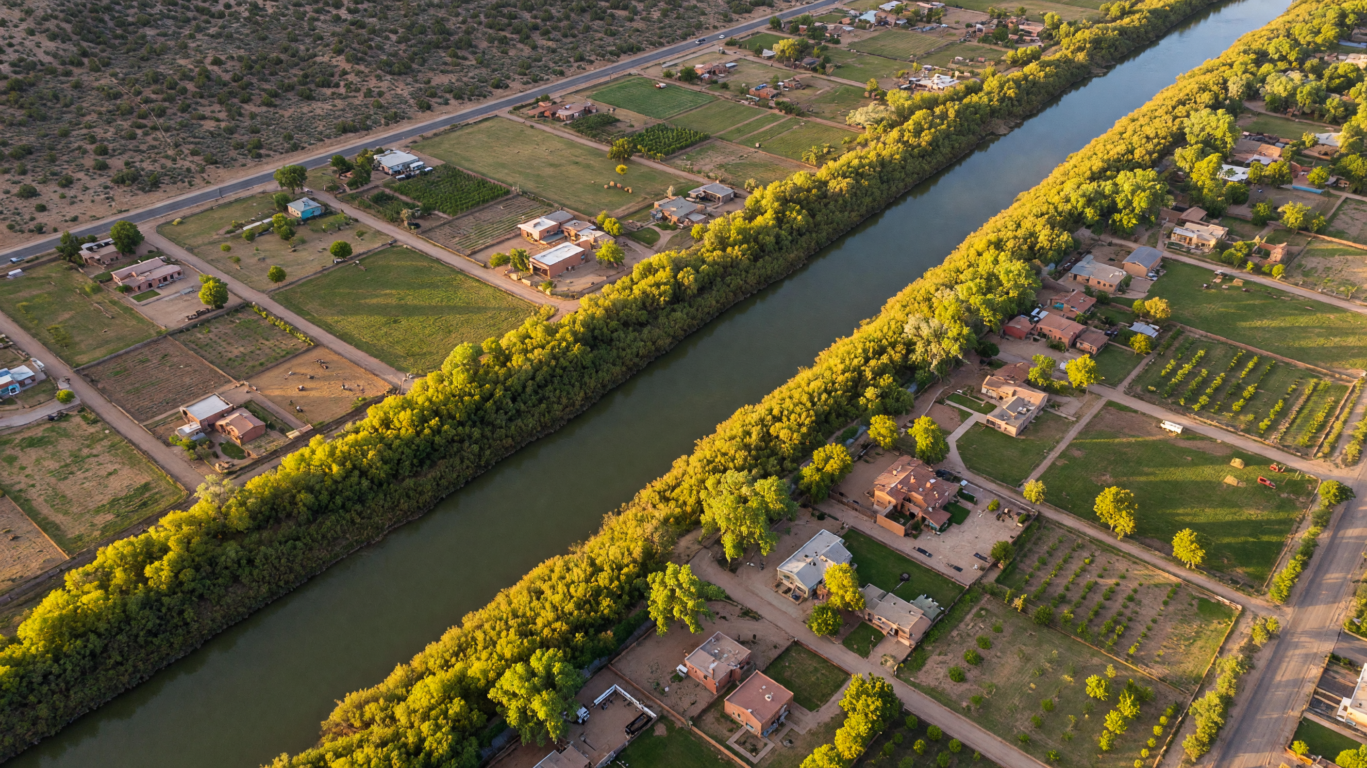 Aerial view of Los Ranchos de Albuquerque with Rio Grande bosque