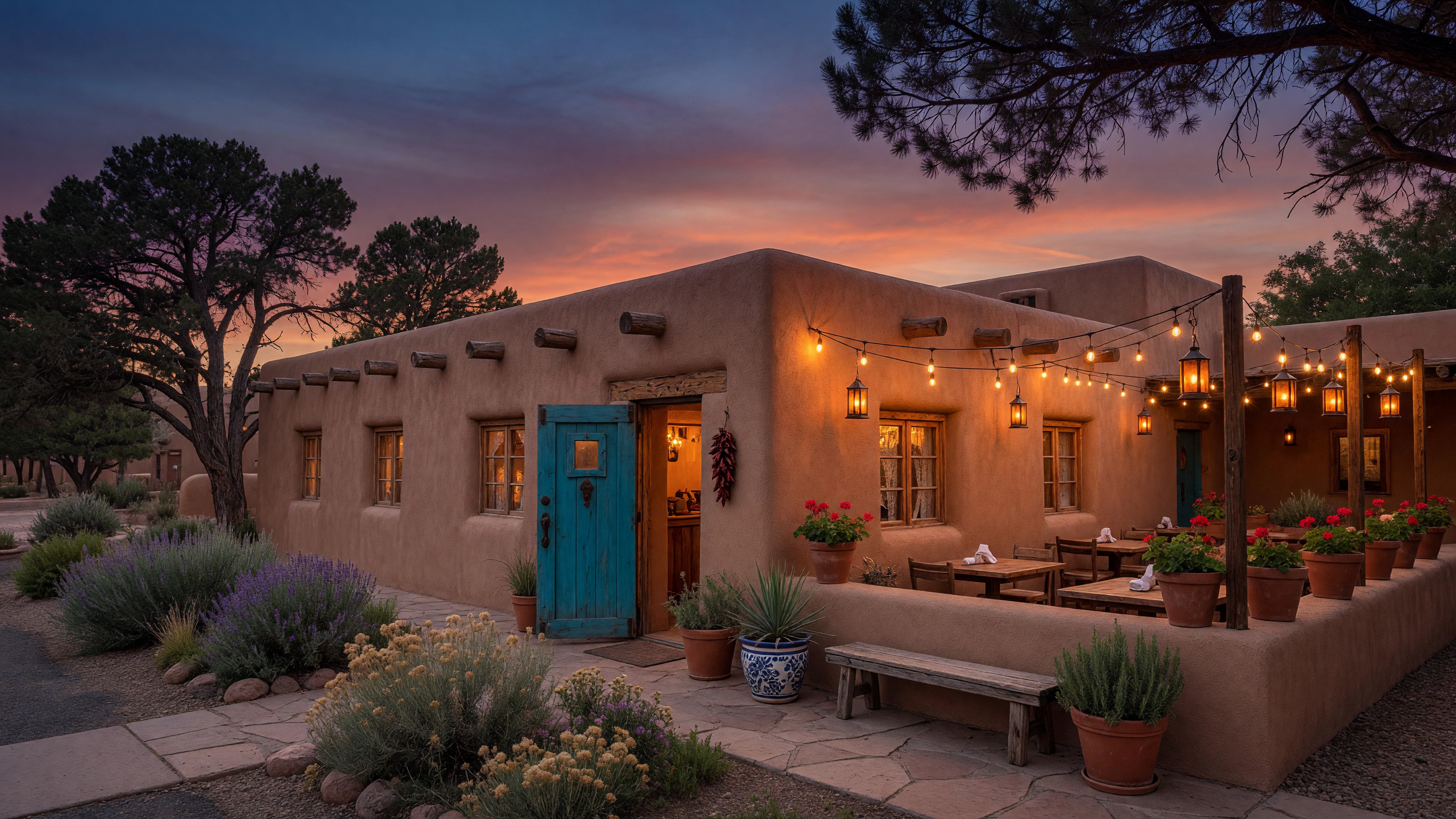 Historic adobe building in Old Town Albuquerque at twilight with warm golden light and romantic atmosphere
