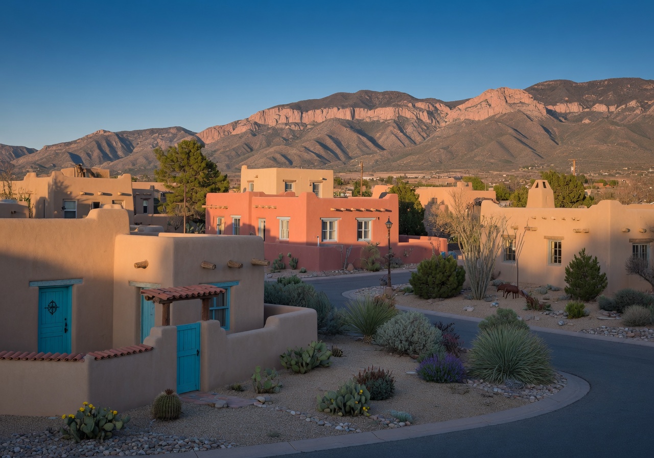 Albuquerque New Mexico residential neighborhood with adobe homes and desert landscaping - homes for sale