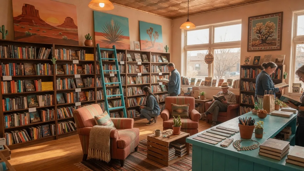 Warm and inviting interior of Page 1 Books, an independent bookstore in Albuquerque with floor-to-ceiling bookshelves and cozy reading areas