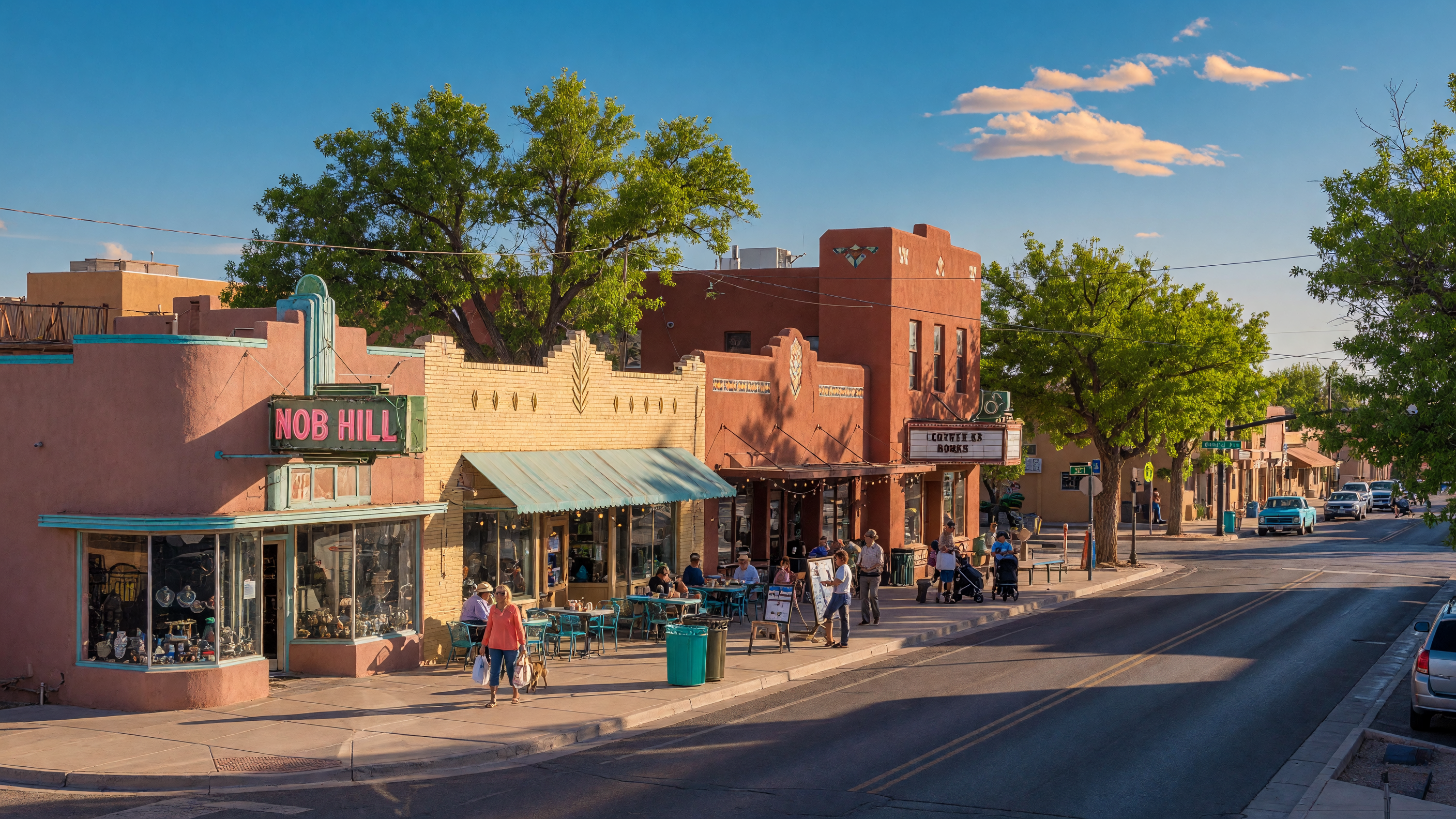Tree-lined Route 66 corridor in Nob Hill, Albuquerque with eclectic storefronts and restaurants