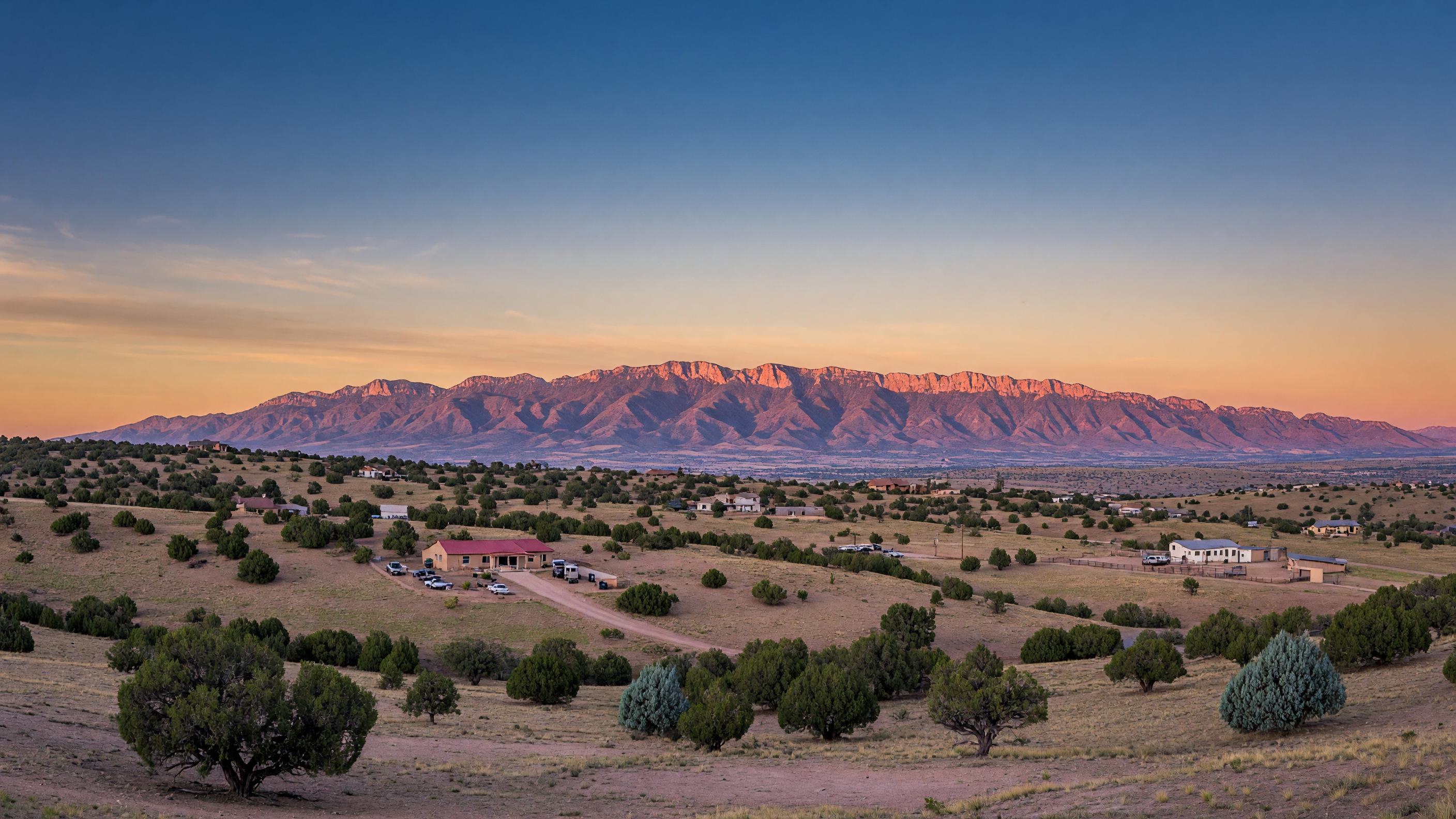 High-desert landscape in Edgewood, New Mexico with Sandia Mountain views at golden hour