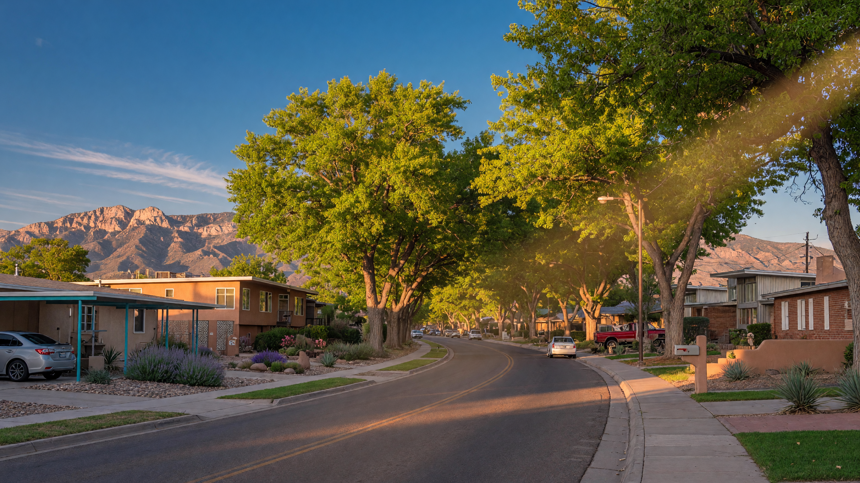 Tree-lined street in Northeast Heights Albuquerque with Sandia Mountain views