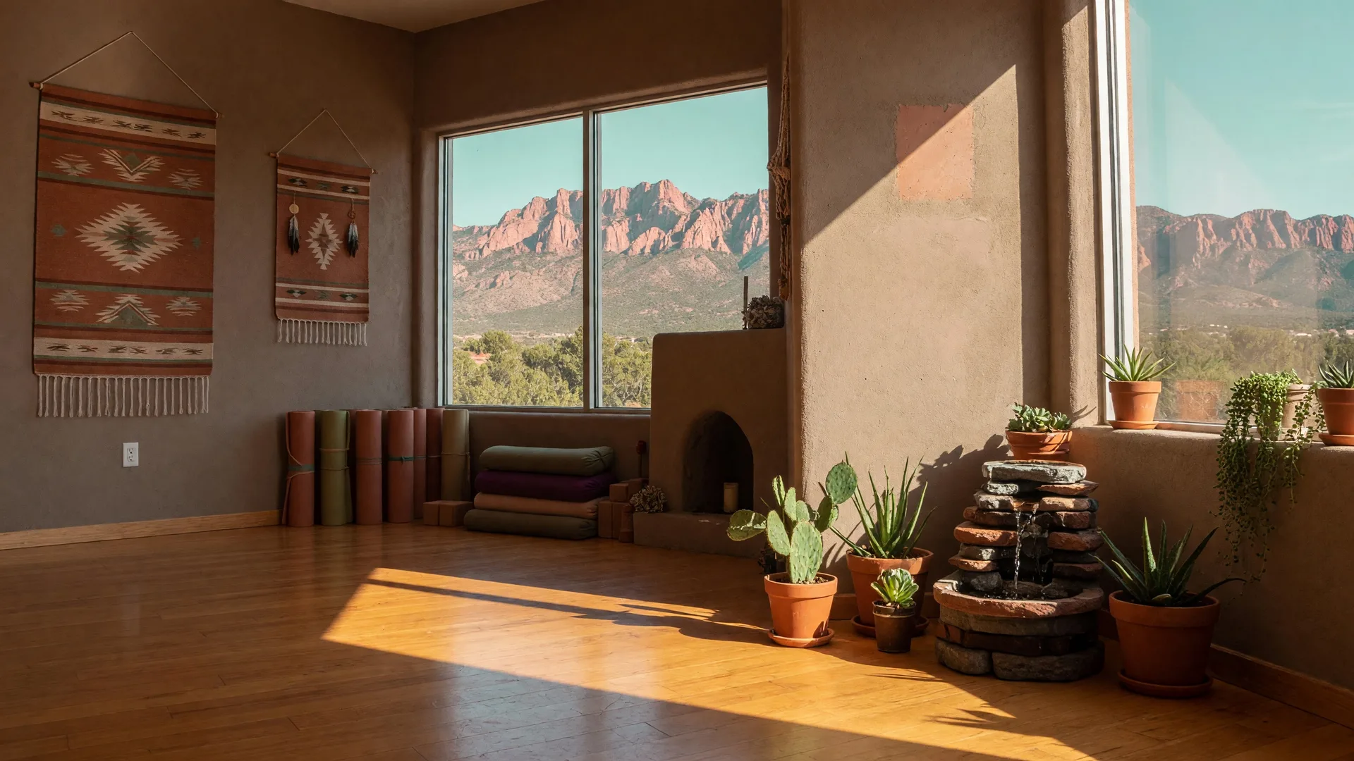 Bright and serene yoga studio interior in Albuquerque with natural light streaming through windows onto wooden floors and a peaceful Southwestern atmosphere