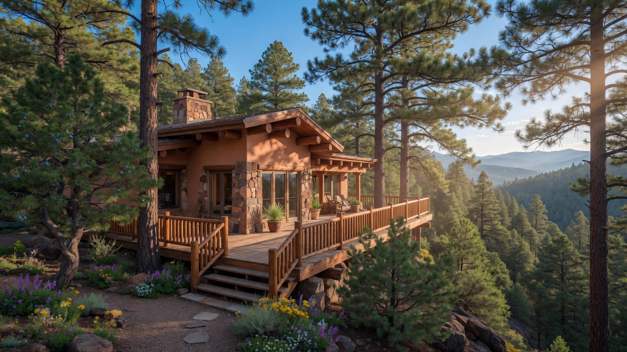 Custom mountain home nestled among ponderosa pines in Cedar Crest, New Mexico with forest and mountain views