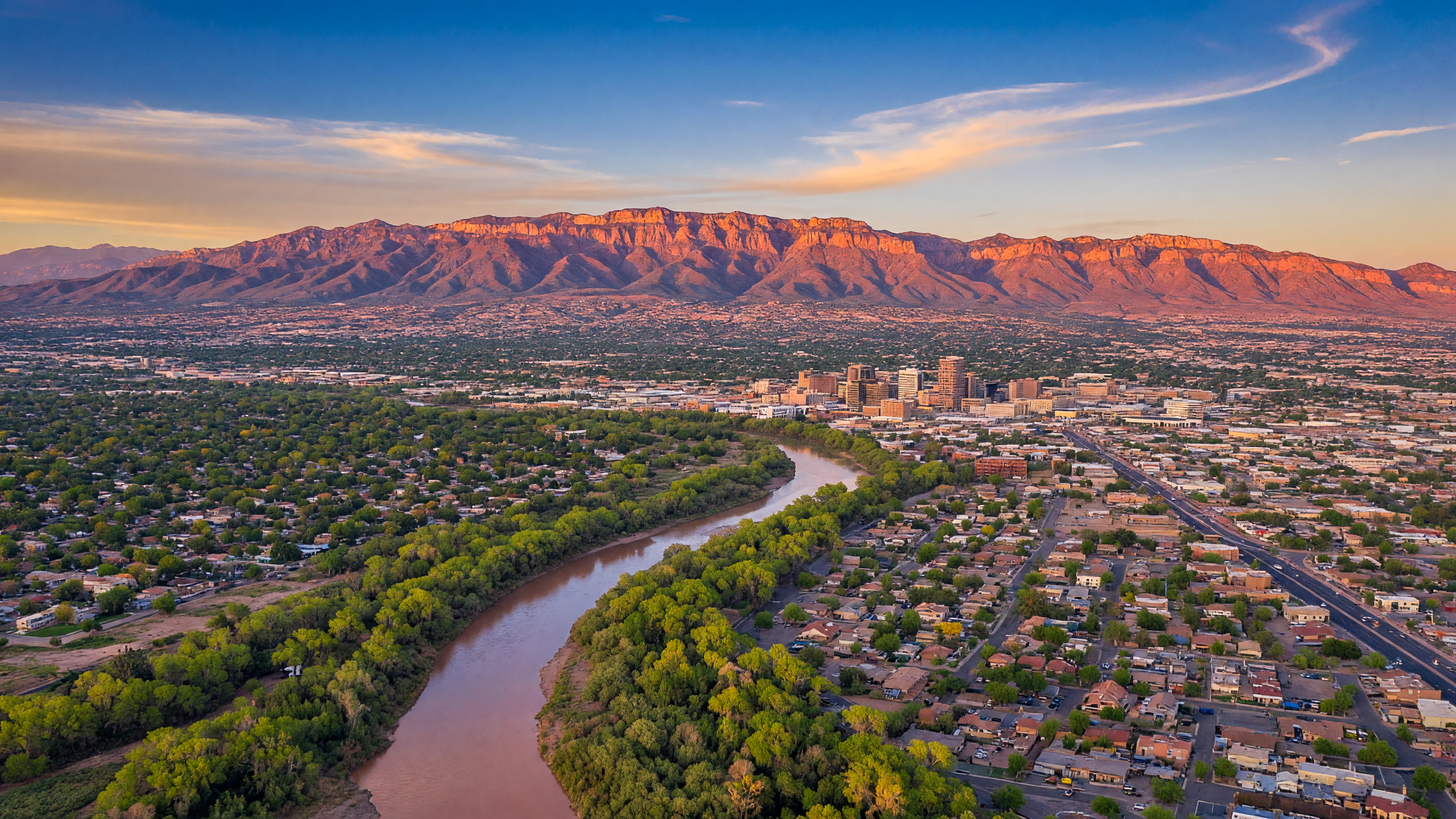Aerial view of Albuquerque with the Rio Grande bosque and Sandia Mountains at golden hour