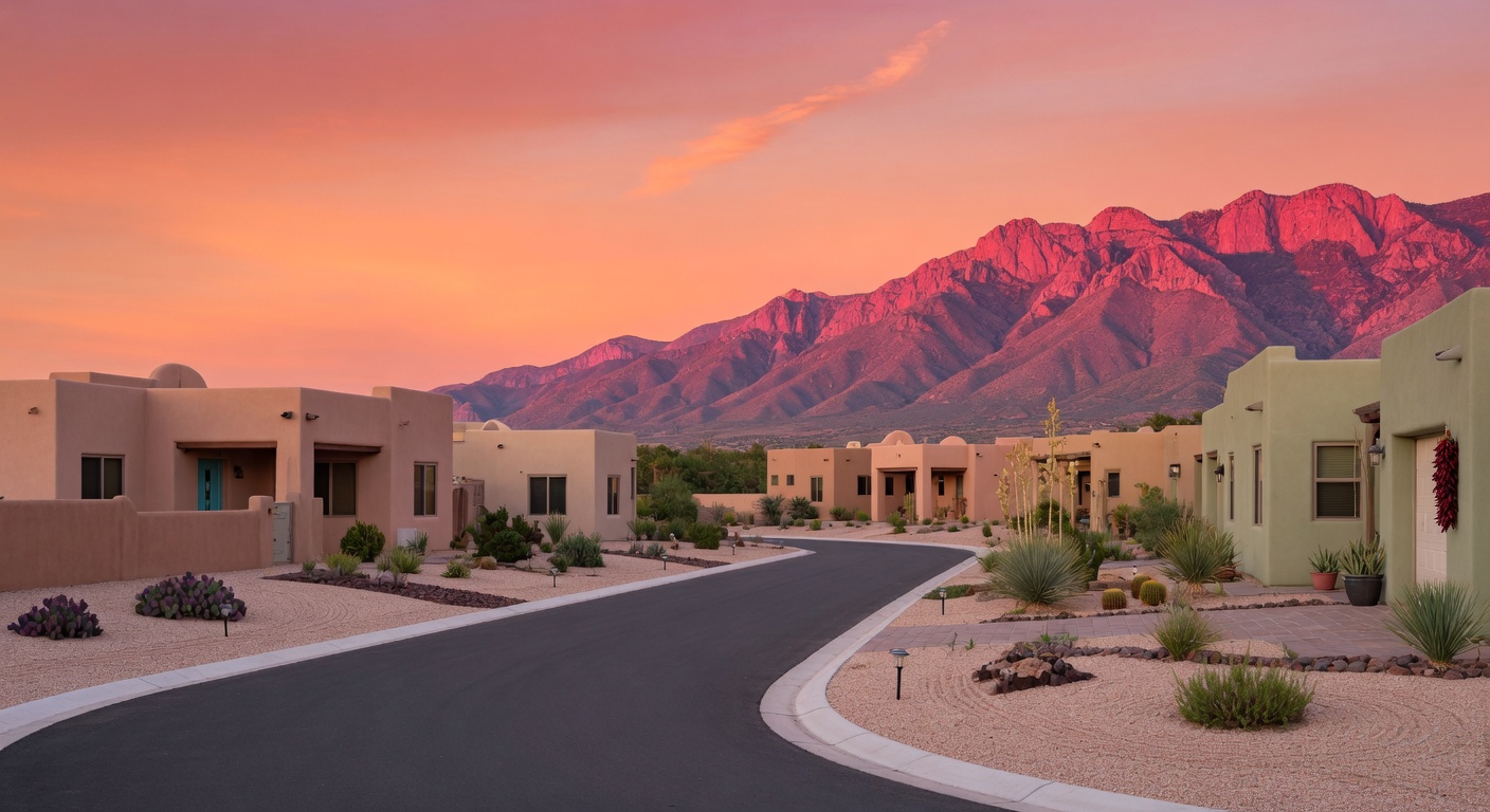Rio Rancho New Mexico neighborhood at sunset with Sandia Mountains - Albuquerque metro real estate