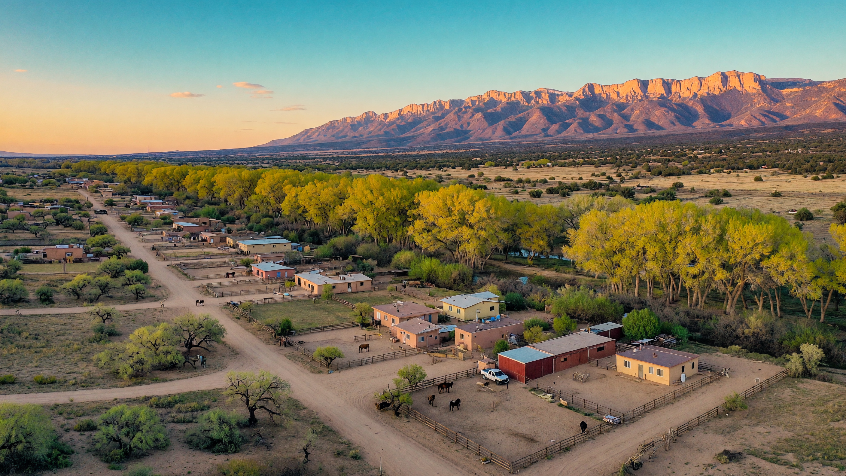 Aerial view of Corrales, NM village with cottonwood bosque and Sandia Mountains